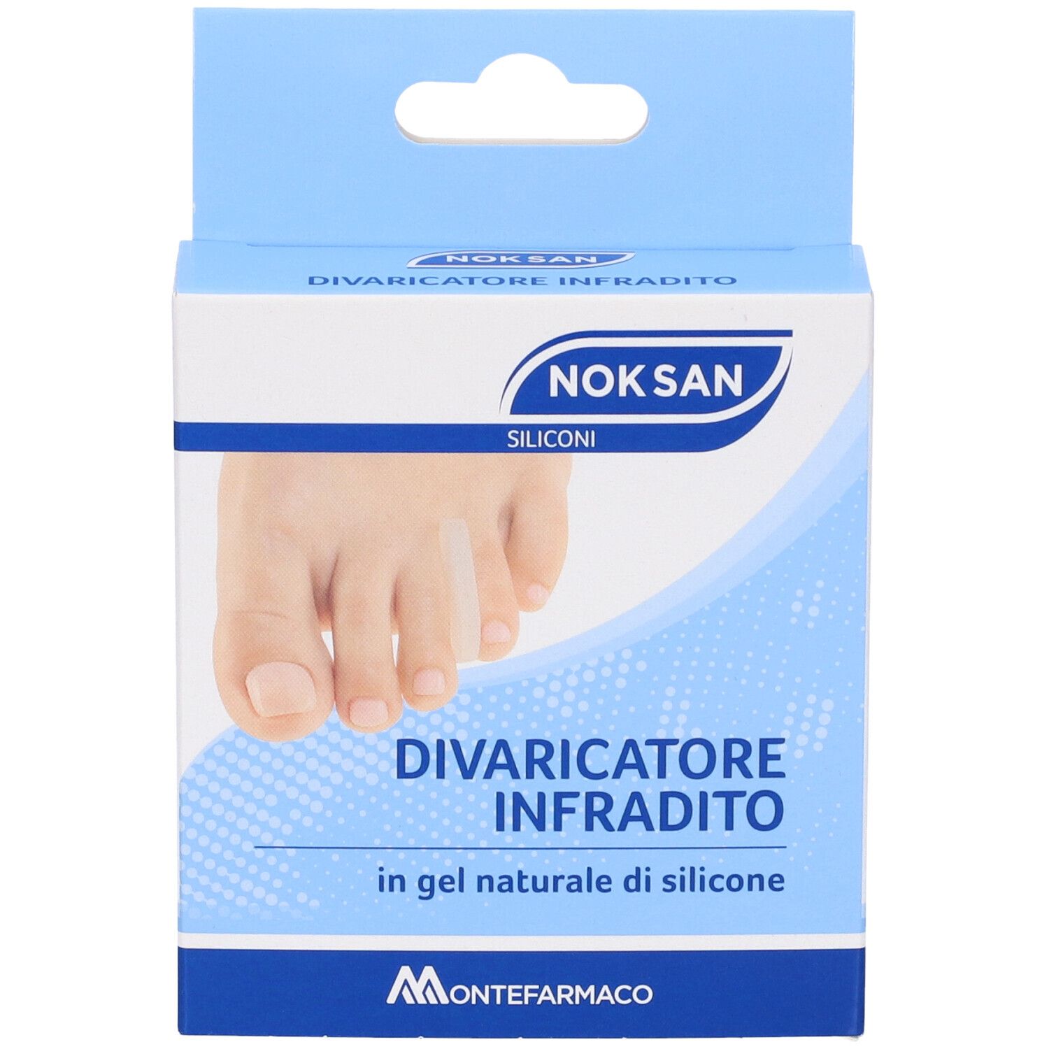 Verpackung mit Nok San Gel Divaricatore Infradito. Blaue und weiße Schachtel mit Produktabbildung und Text.