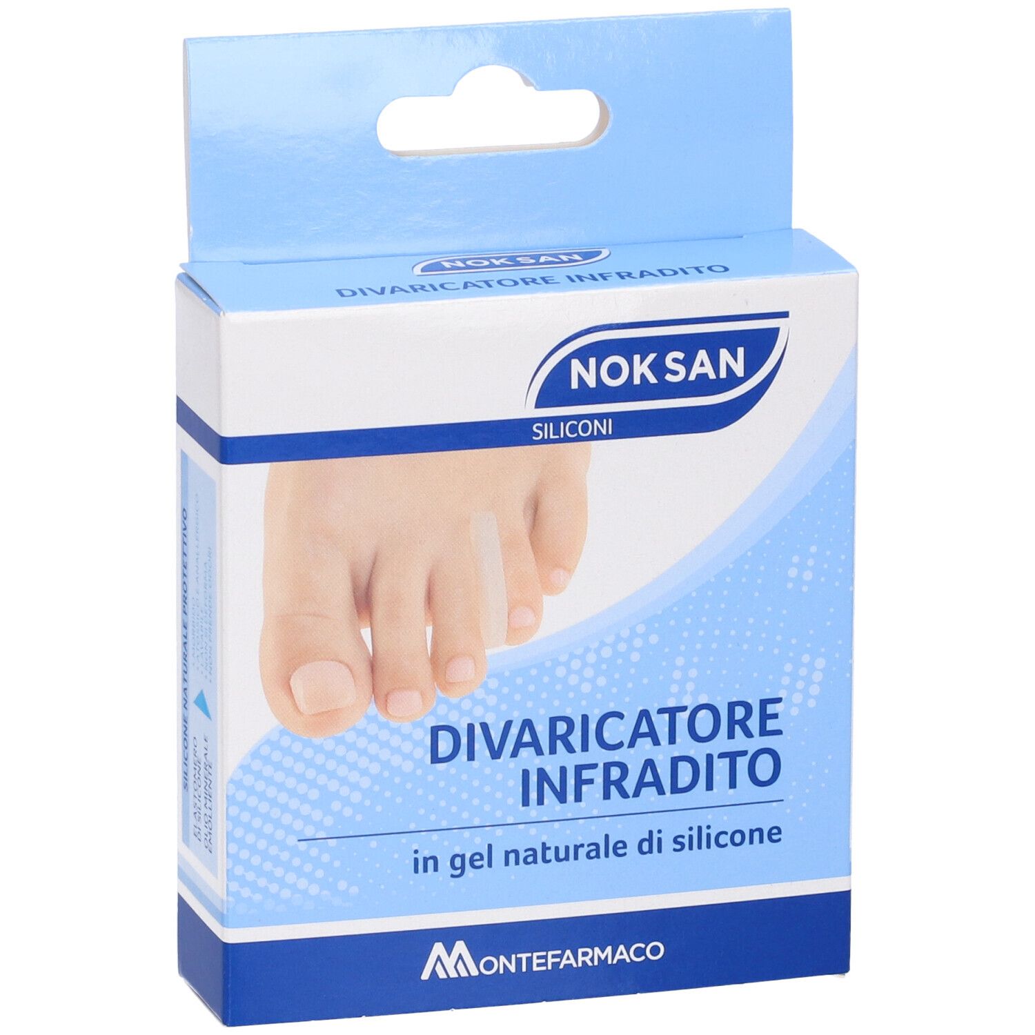 Verpackung mit Nok San Gel Divaricatore Infradito. Blaue und weiße Schachtel mit Produktabbildung und Text.