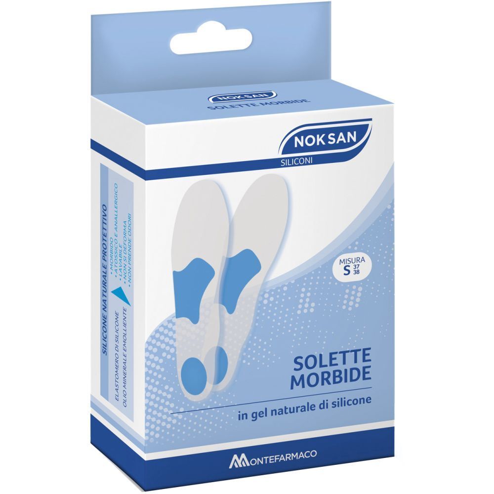 Confezione di solette. Solette blu e bianche. Scritta: NOKSAN, SOLETTE MORBIDE, in gel naturale di silicone. Misura S.