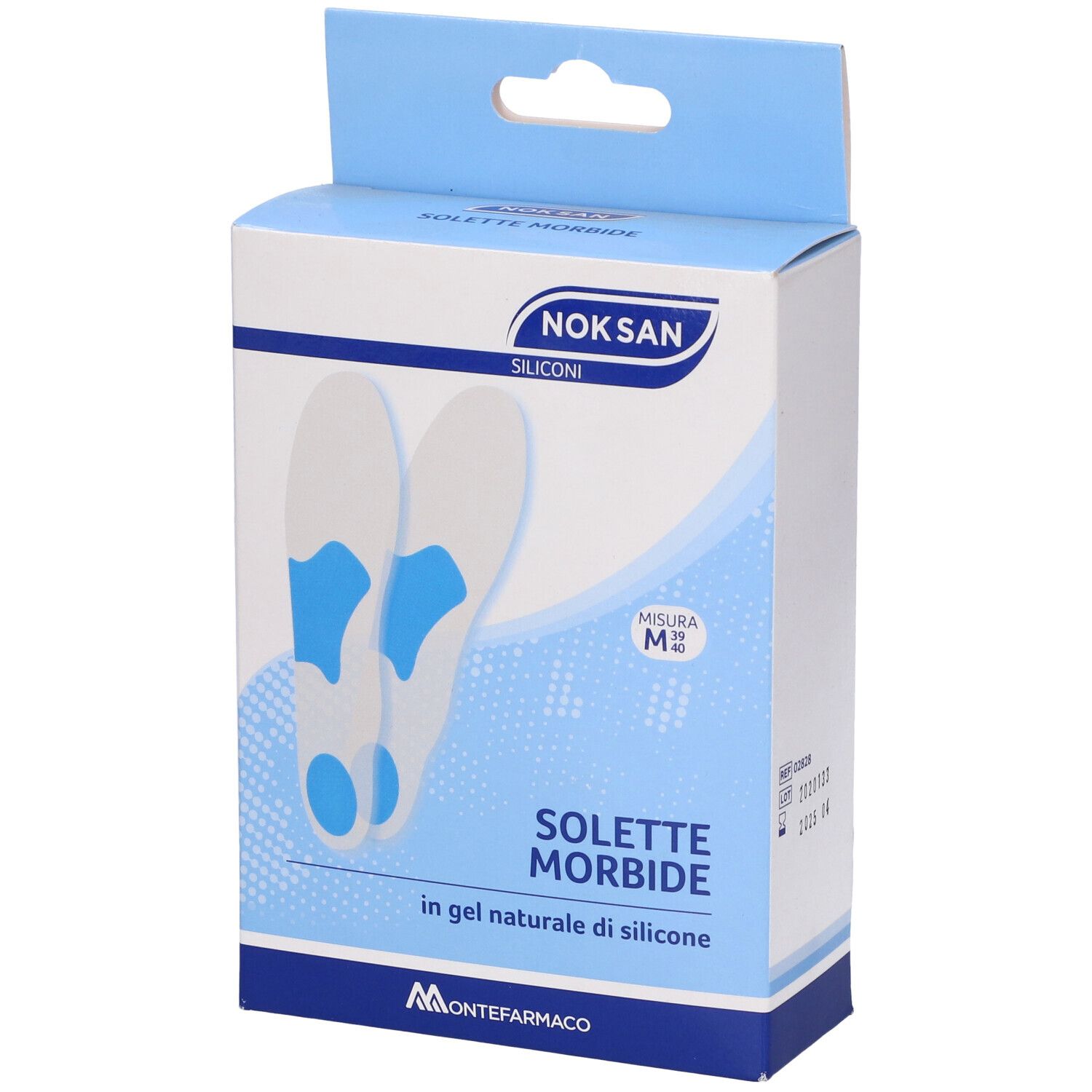 Confezione di solette. Solette blu e bianche. Scritta: NOKSAN, SOLETTE MORBIDE, in gel naturale di silicone. Misura M.