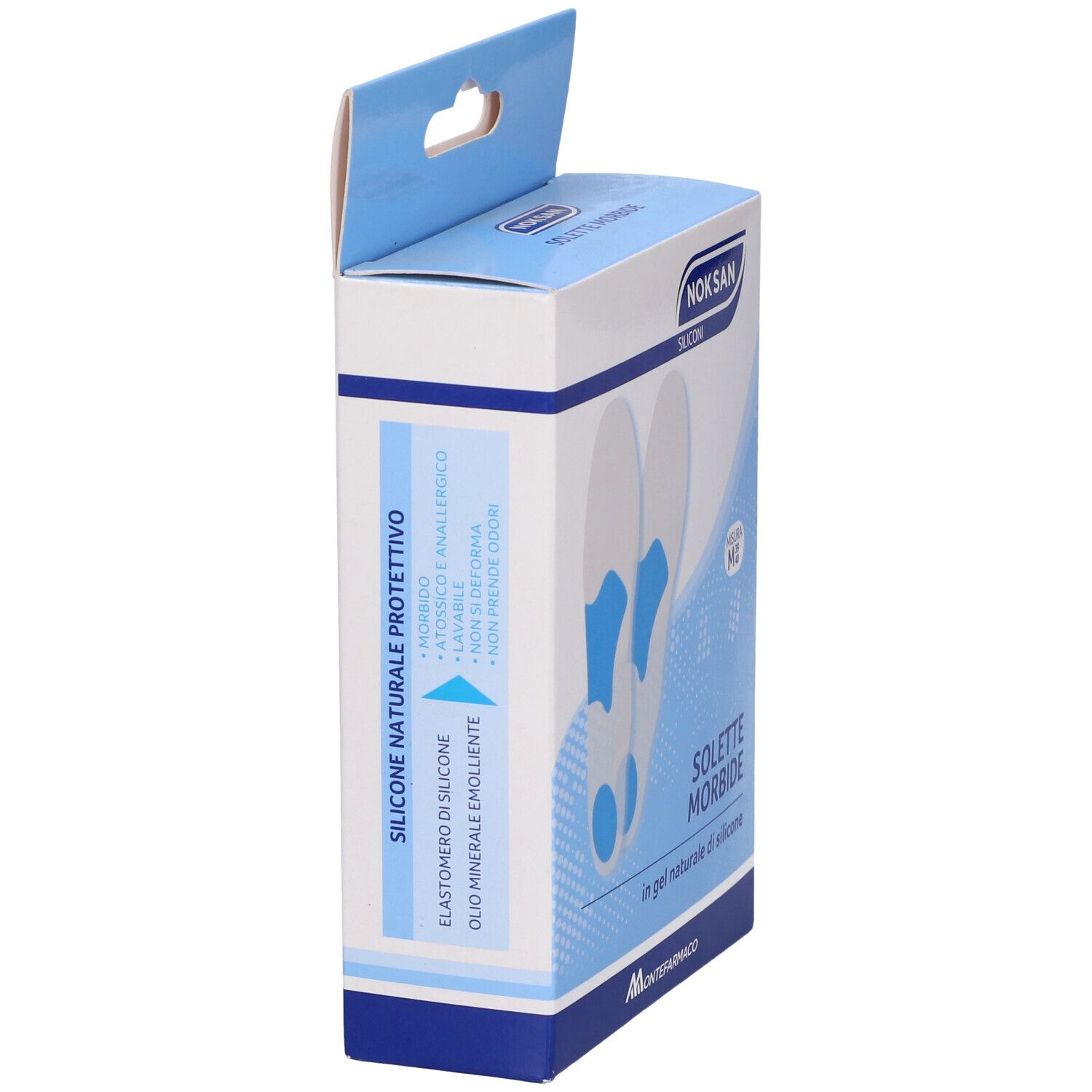Confezione di solette. Solette blu e bianche. Scritta: NOKSAN, SOLETTE MORBIDE, in gel naturale di silicone. Misura M.