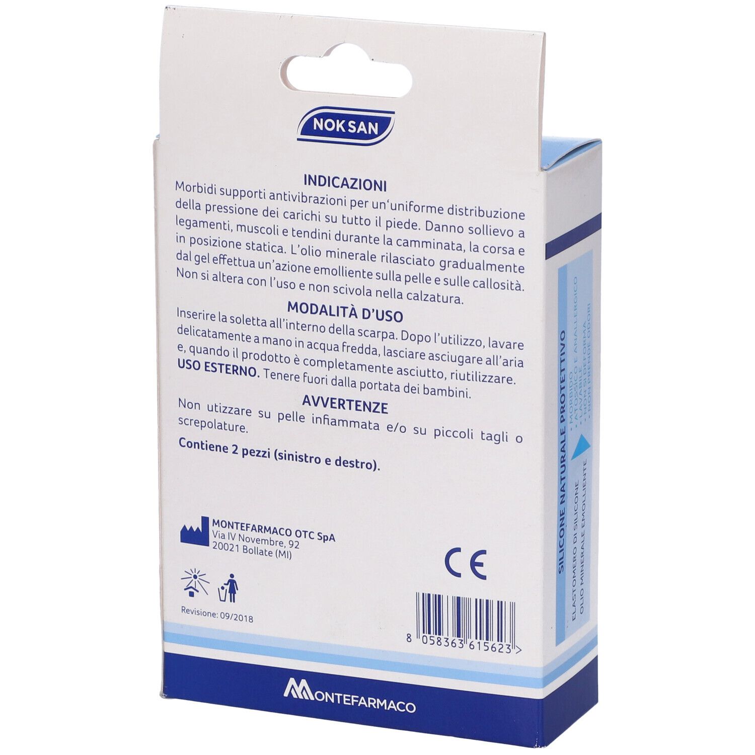 Confezione di solette. Solette blu e bianche. Scritta: NOKSAN, SOLETTE MORBIDE, in gel naturale di silicone. Misura M.