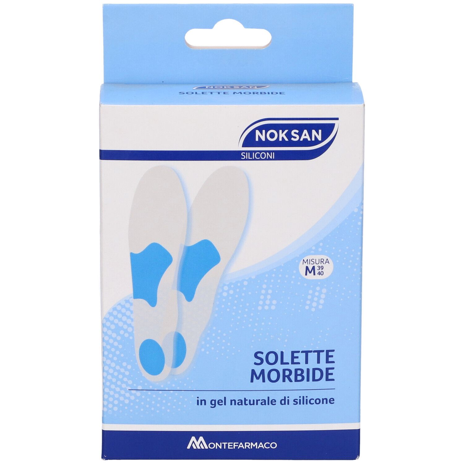 Lato della confezione. Testo sull'uso e avvertenze. Scritta: NOKSAN, SOLETTE MORBIDE. Marchio CE.