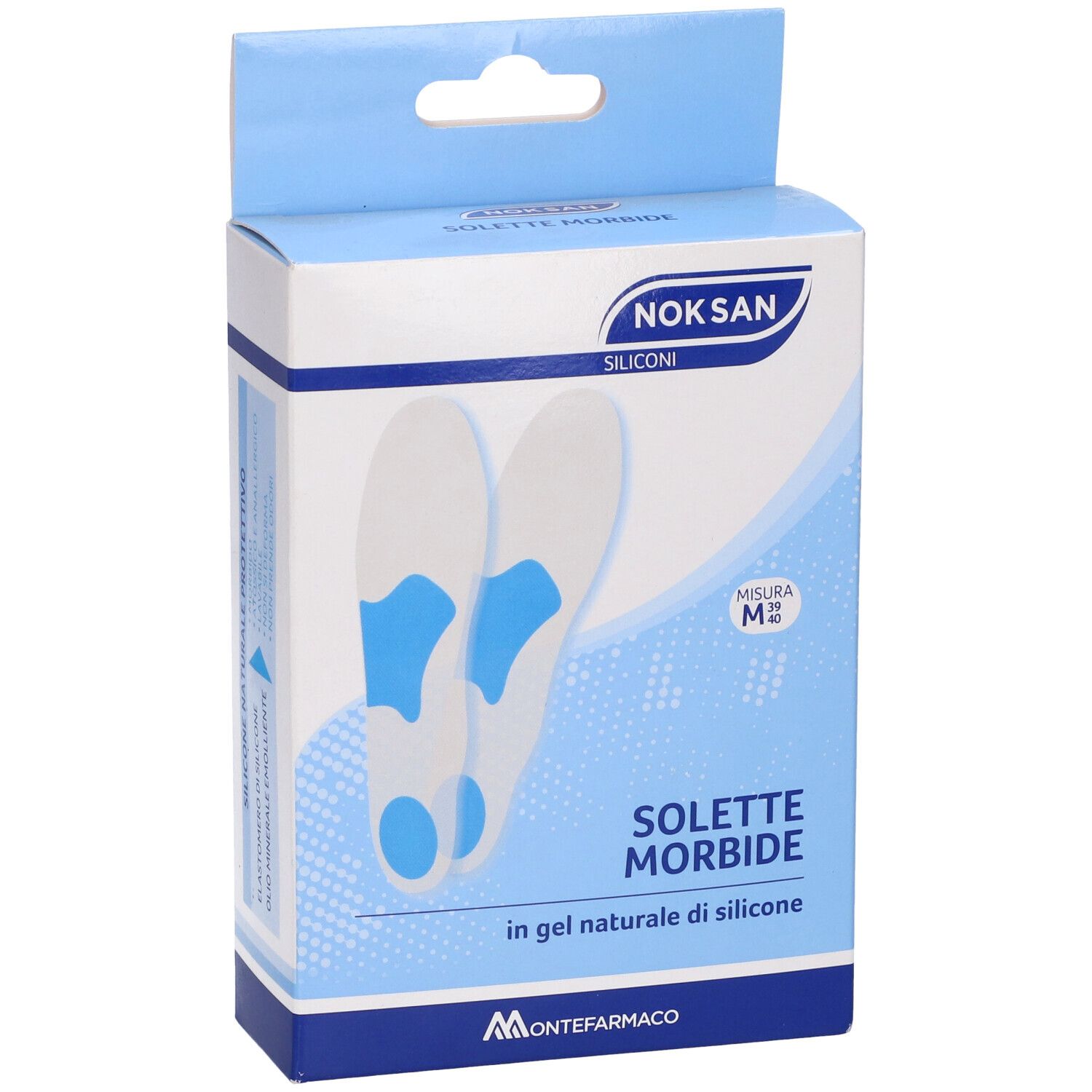 Confezione di solette. Solette blu e bianche. Scritta: NOKSAN, SOLETTE MORBIDE, in gel naturale di silicone. Misura M.