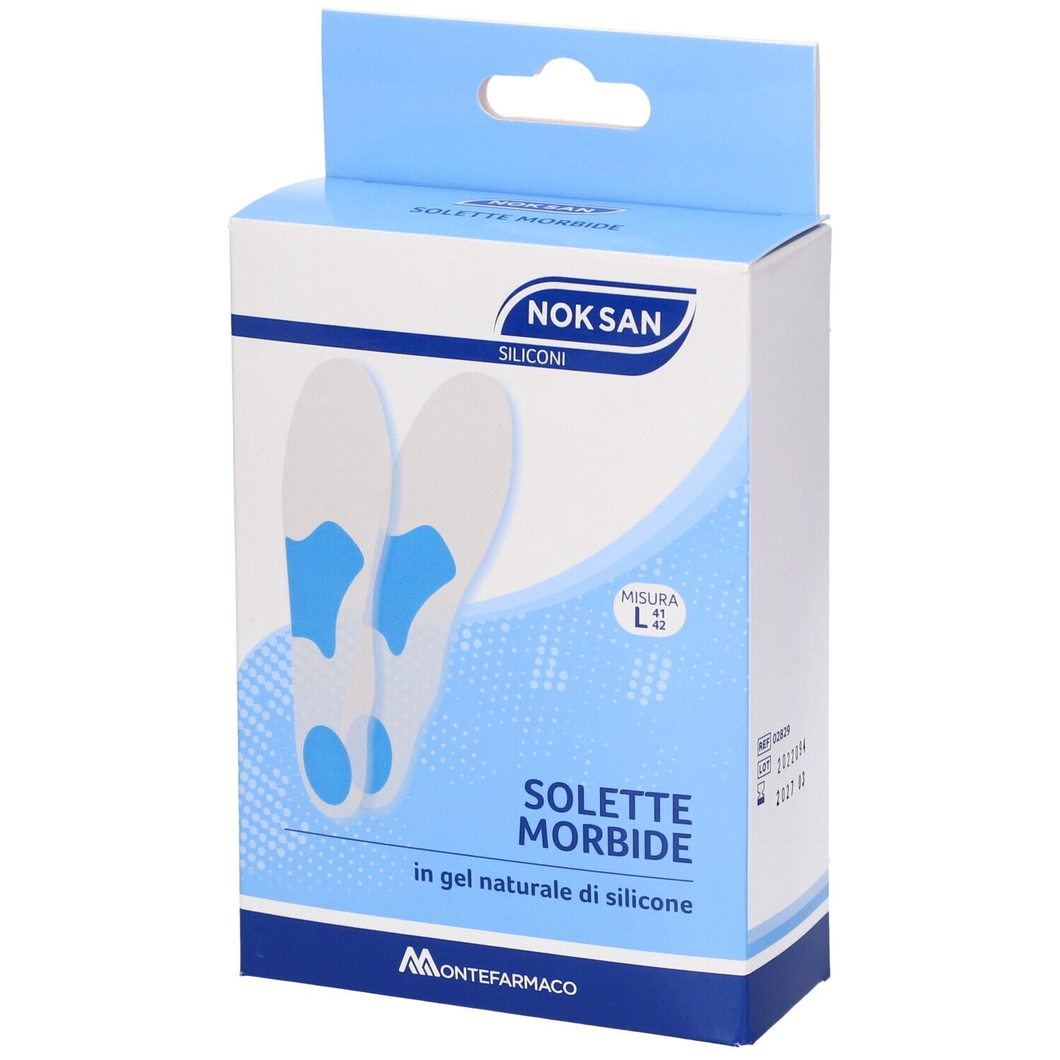 Confezione con solette in gel di silicone. Marchio Noksan, taglia L 41/42.