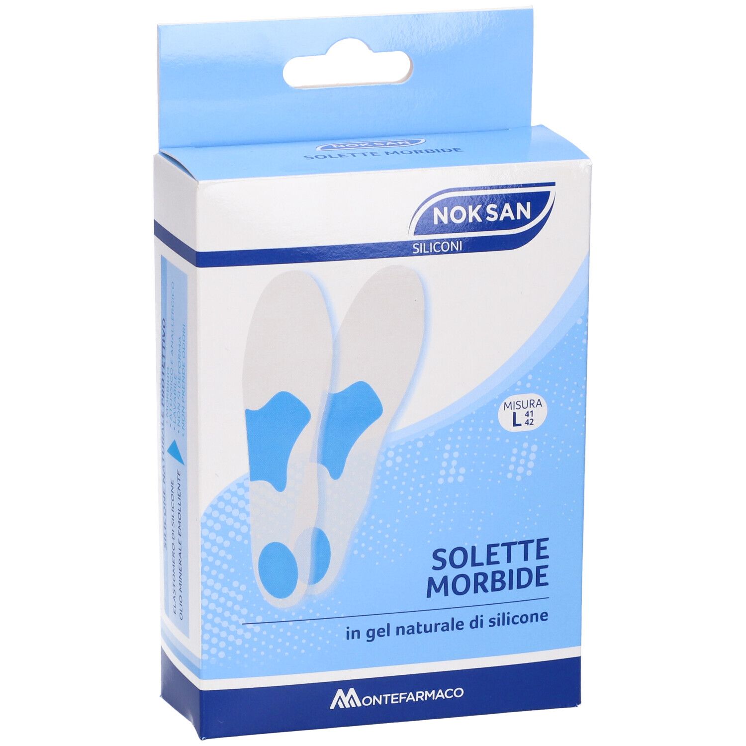 Confezione con solette in gel di silicone. Marchio Noksan, taglia L 41/42.