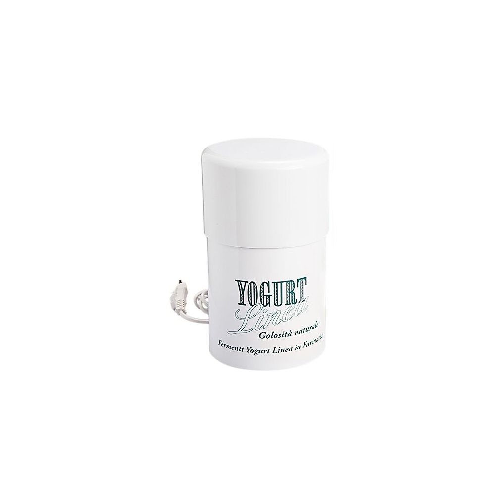 Contenitore cilindrico bianco con coperchio. Scritta: YOGURT Linea, Golosità naturale, Fermenti Yogurt Linea in Farmacia. Con cavo.