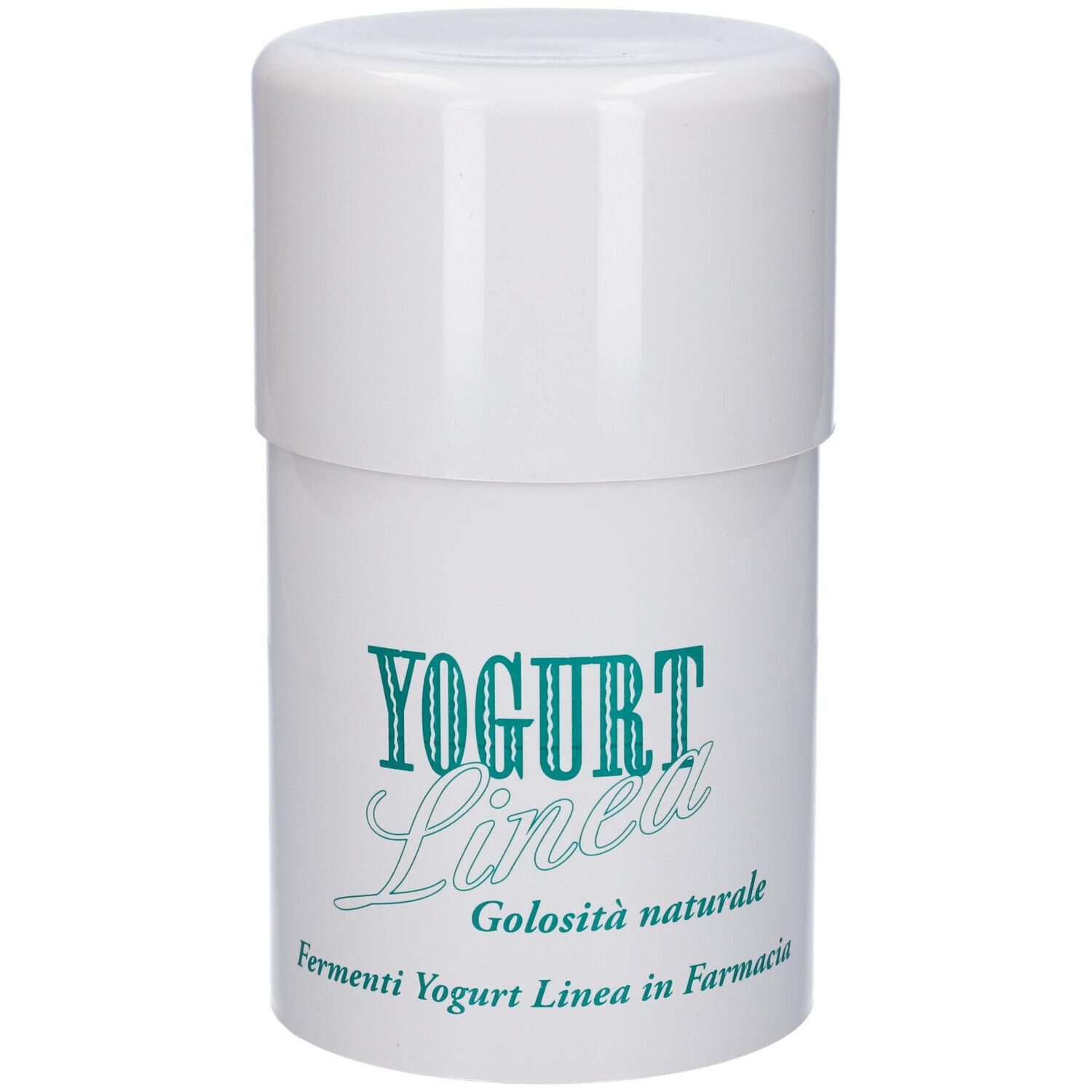 Contenitore cilindrico bianco con coperchio. Scritta: YOGURT Linea, Golosità naturale, Fermenti Yogurt Linea in Farmacia.