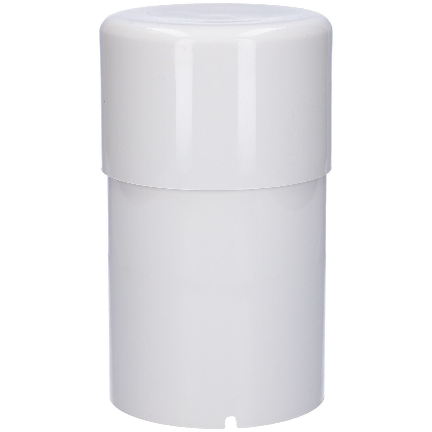 Contenitore cilindrico bianco con coperchio. Nessuna scritta.