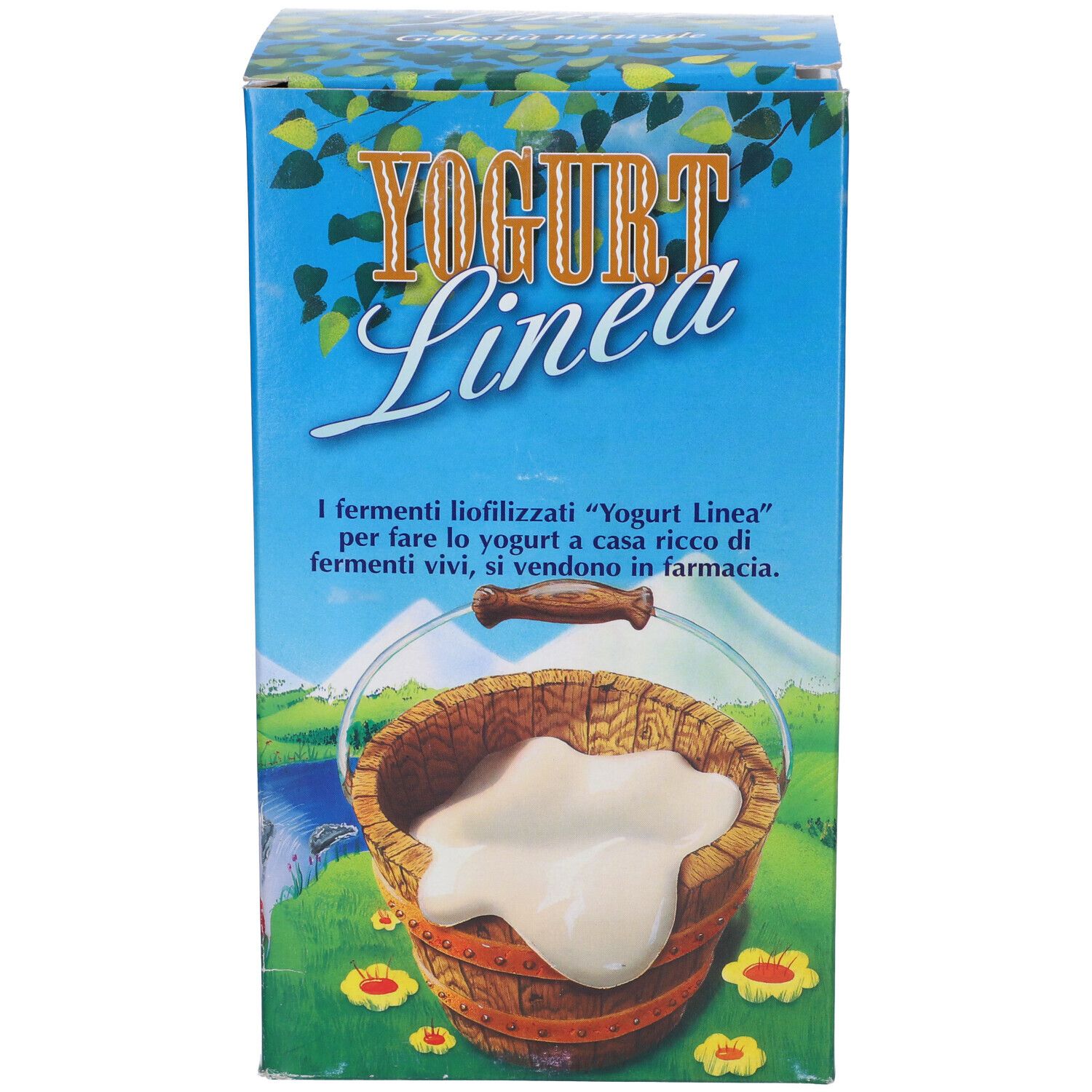 Confezione blu con scritta: YOGURT Linea. Immagine di secchio di yogurt. Testo in italiano.