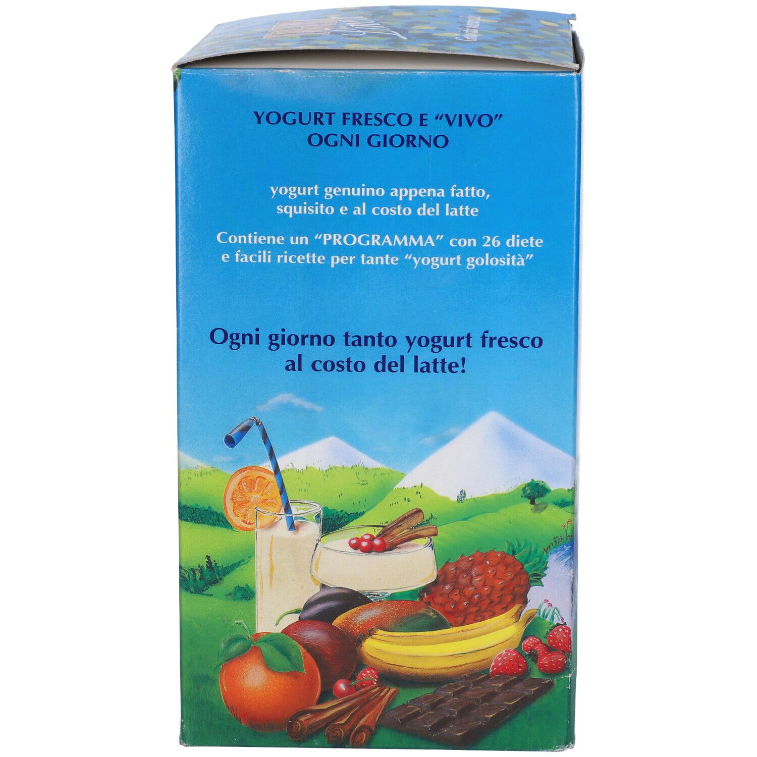 Confezione blu con scritta: YOGURT Linea. Immagine di frutta e yogurt. Testo in italiano.