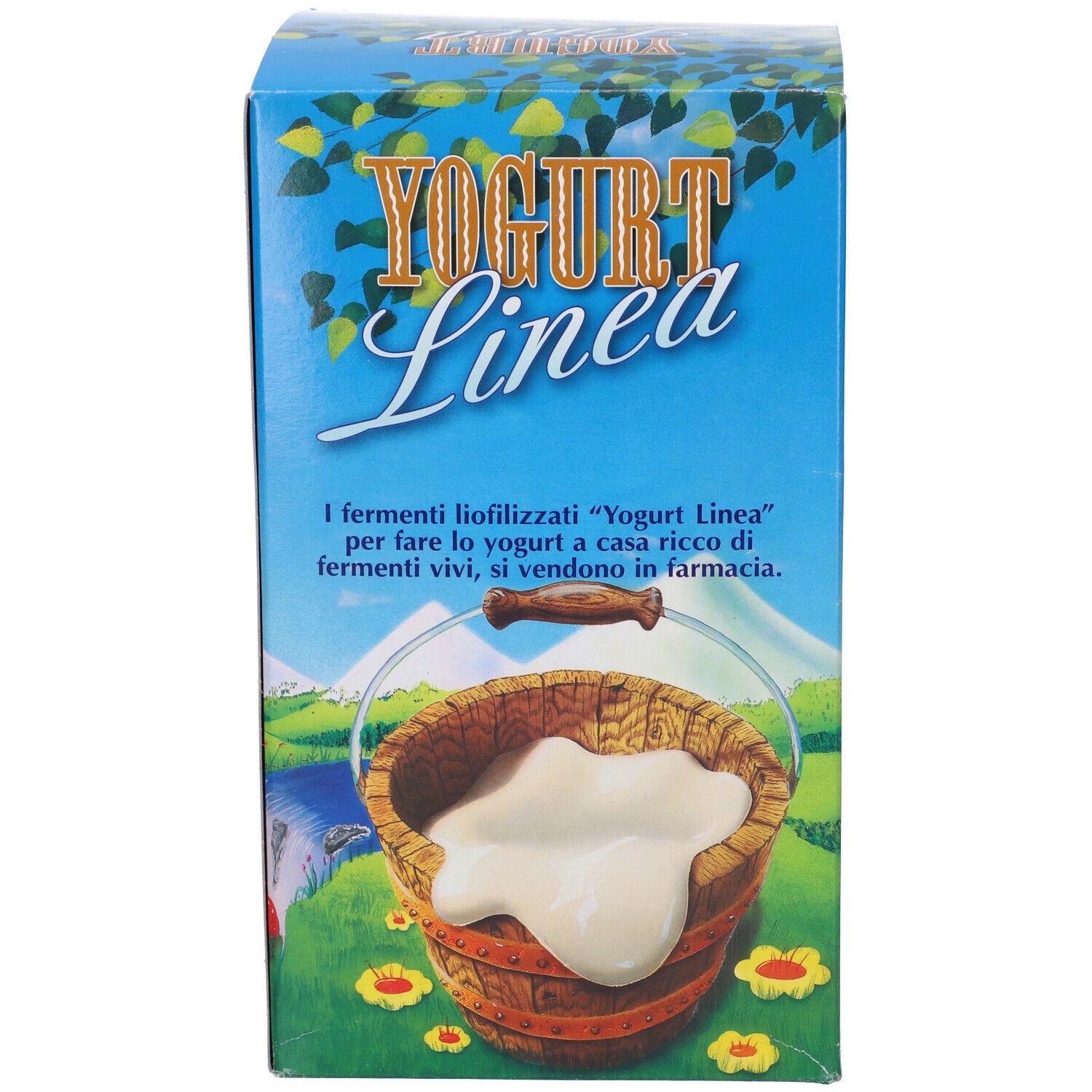 Confezione blu con scritta: YOGURT Linea. Immagine di secchio di yogurt. Testo in italiano.