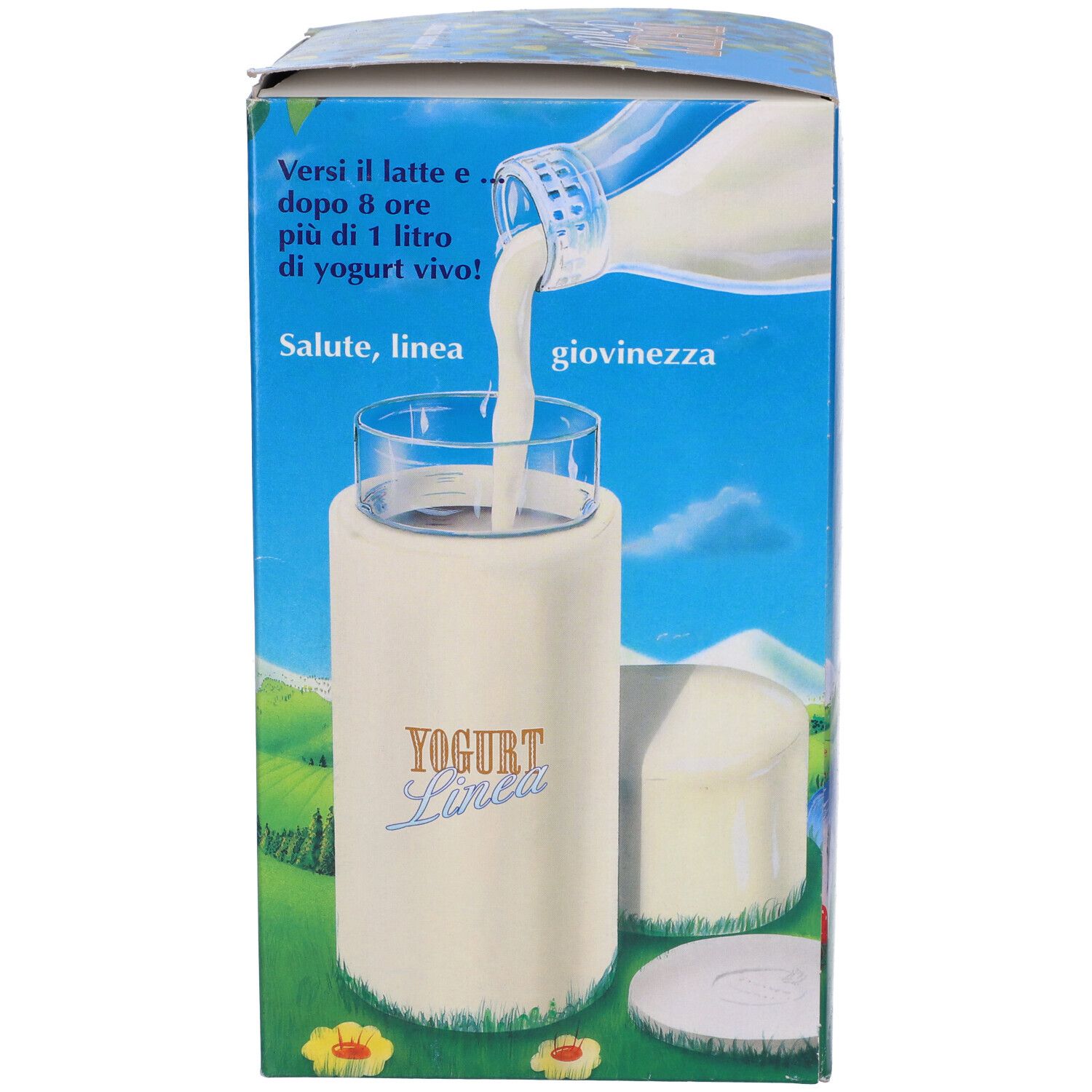 Confezione blu con scritta: YOGURT Linea. Immagine di yogurt versato in un bicchiere. Testo in italiano.