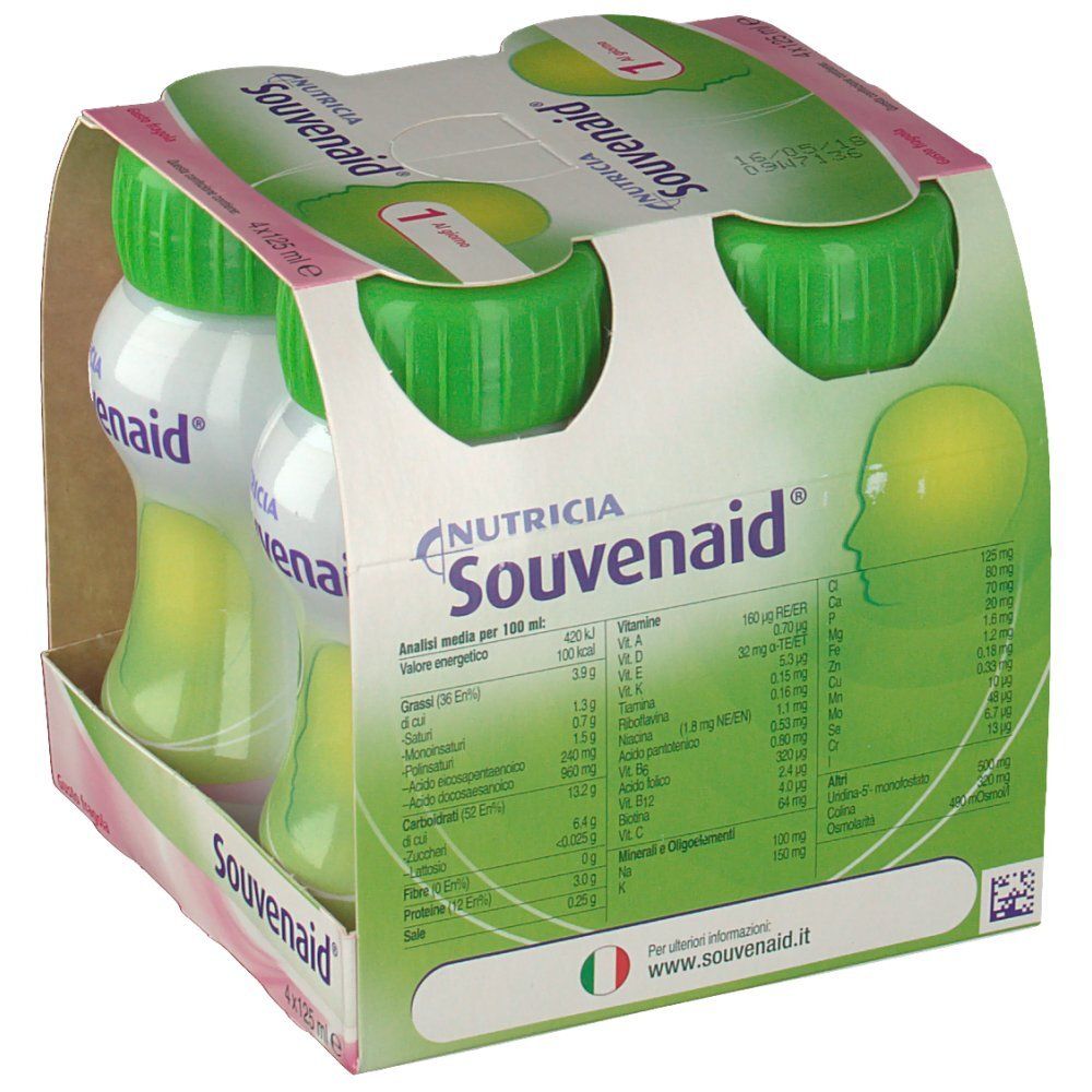 Souvenaid Erdbeer-Flaschen, 4er-Packung mit Nährwertangaben.