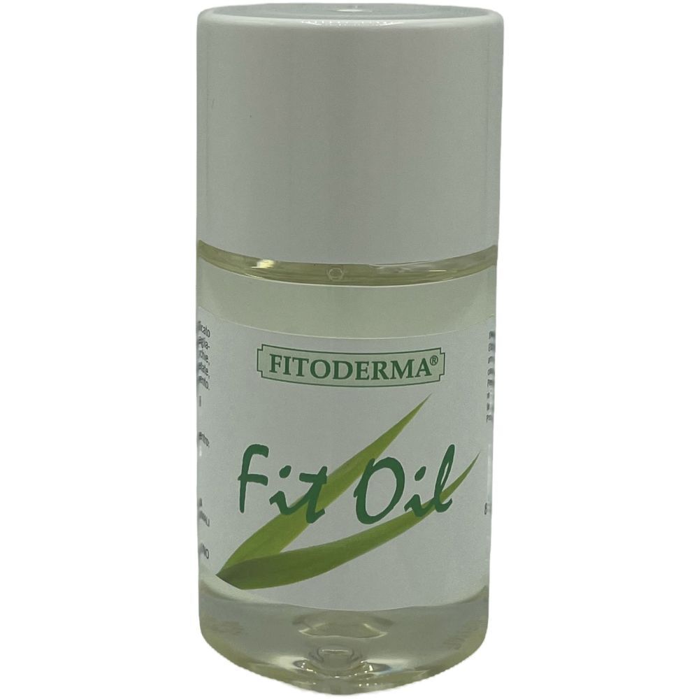 Flacone cilindrico con tappo bianco. Scritta "Fit Oil" e "Fitoderma".