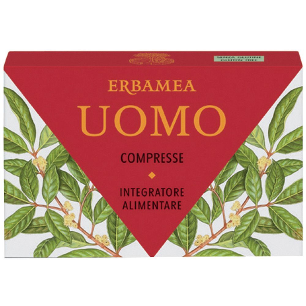 Scatola rossa con "ERBAMEA UOMO COMPRESSE". Illustrazione di foglie verdi e bianche. "Integratore Alimentare" sotto.