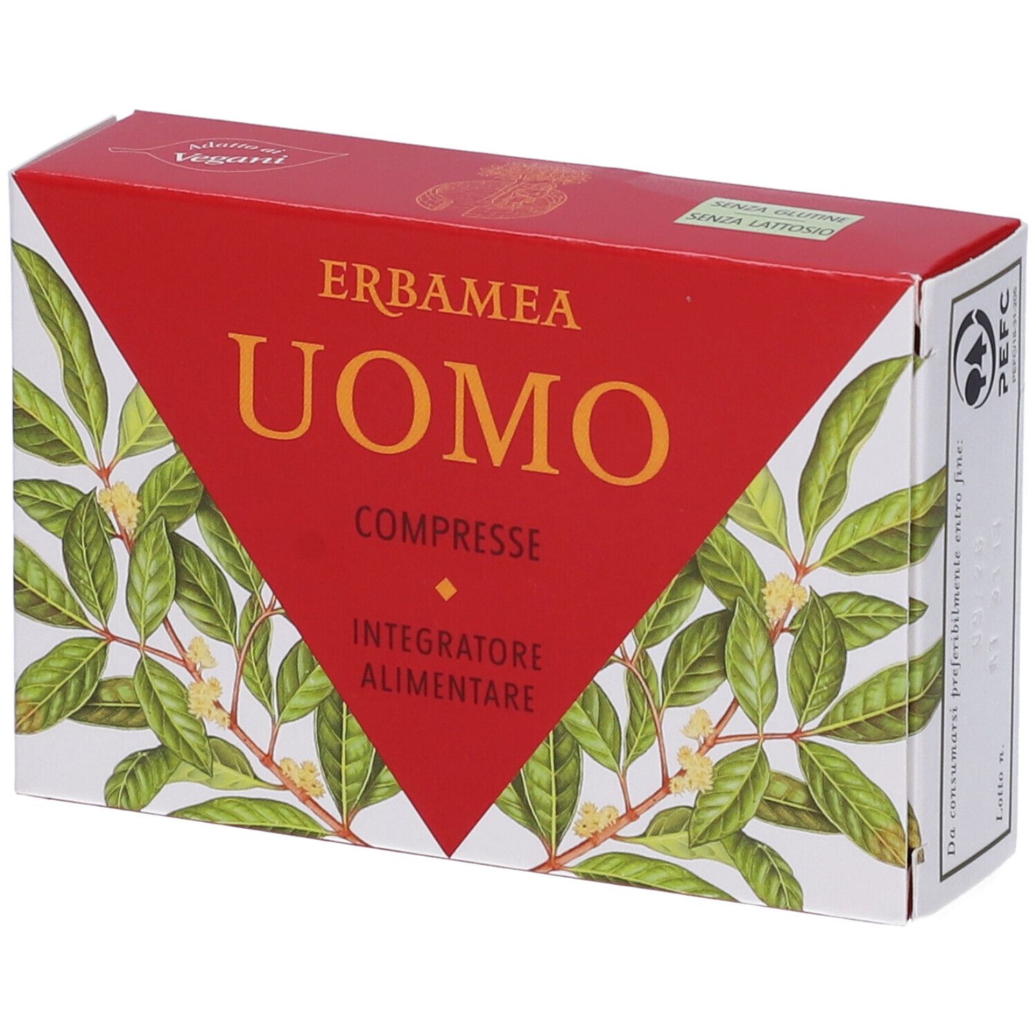 Scatola rossa con "ERBAMEA UOMO COMPRESSE". Illustrazione di foglie verdi e bianche. "Integratore Alimentare" sotto. Logo PEFC.