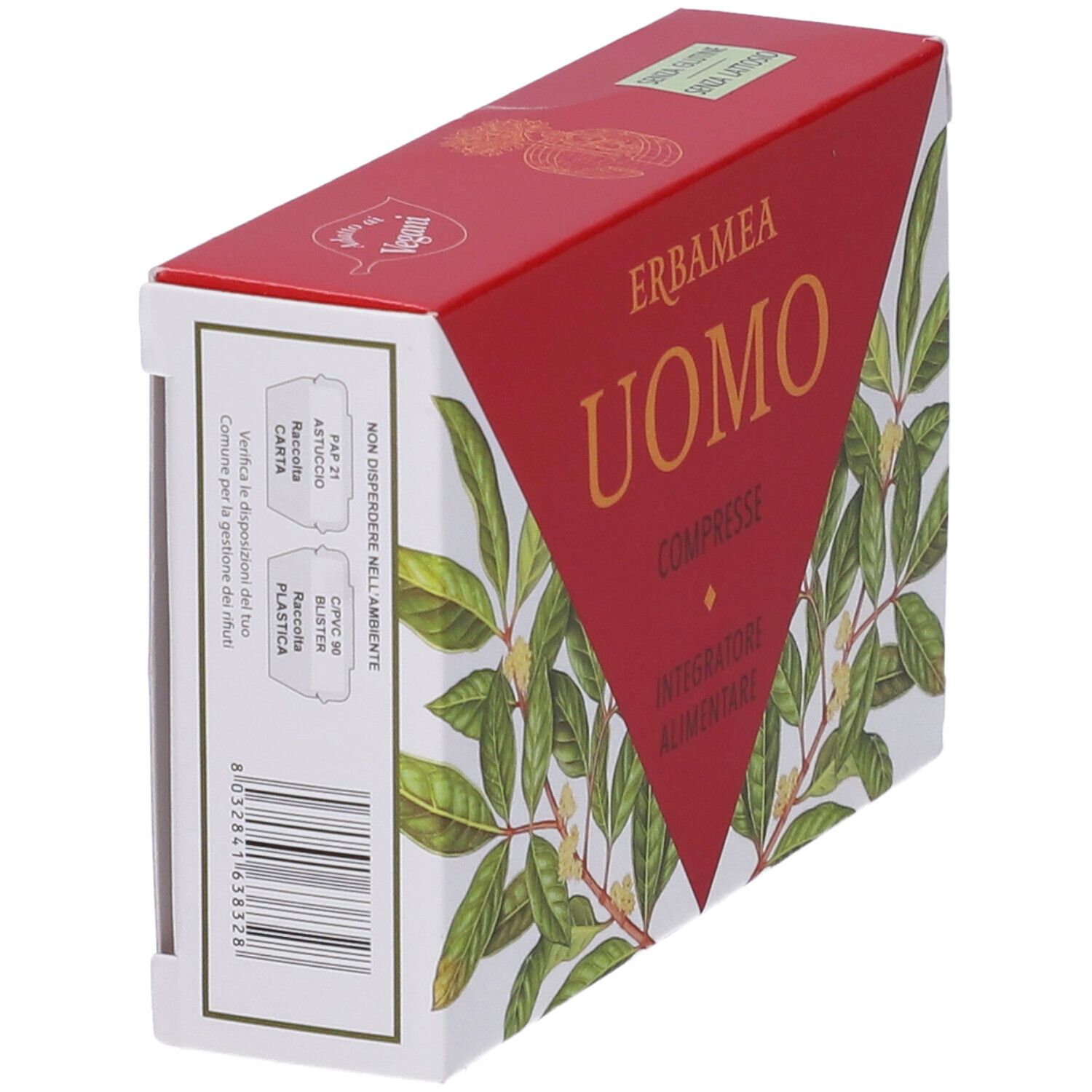 Scatola rossa e bianca. "ERBAMEA UOMO COMPRESSE". Illustrazione di foglie verdi e bianche. "Integratore Alimentare". Logo PEFC.