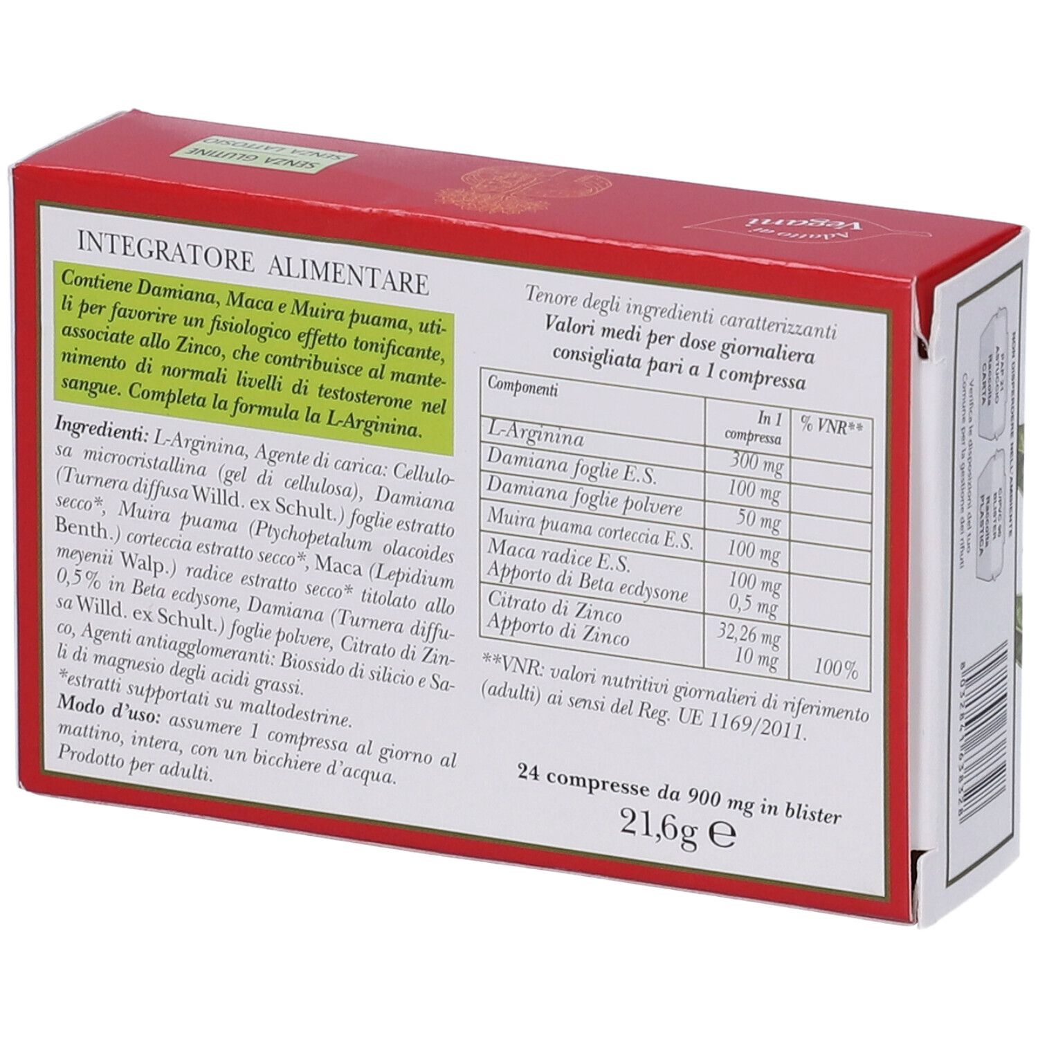 Retro della scatola. Testo con ingredienti e informazioni nutrizionali. 24 compresse, 21,6g. "Integratore Alimentare".