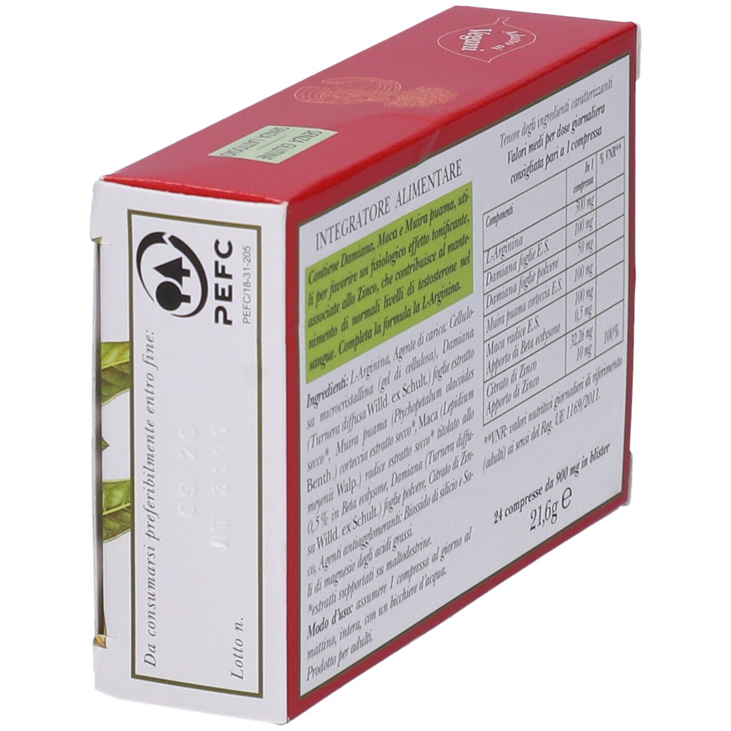 Retro della scatola. Testo con ingredienti e informazioni nutrizionali. 24 compresse, 21,6g. Logo PEFC. "Integratore Alimentare".