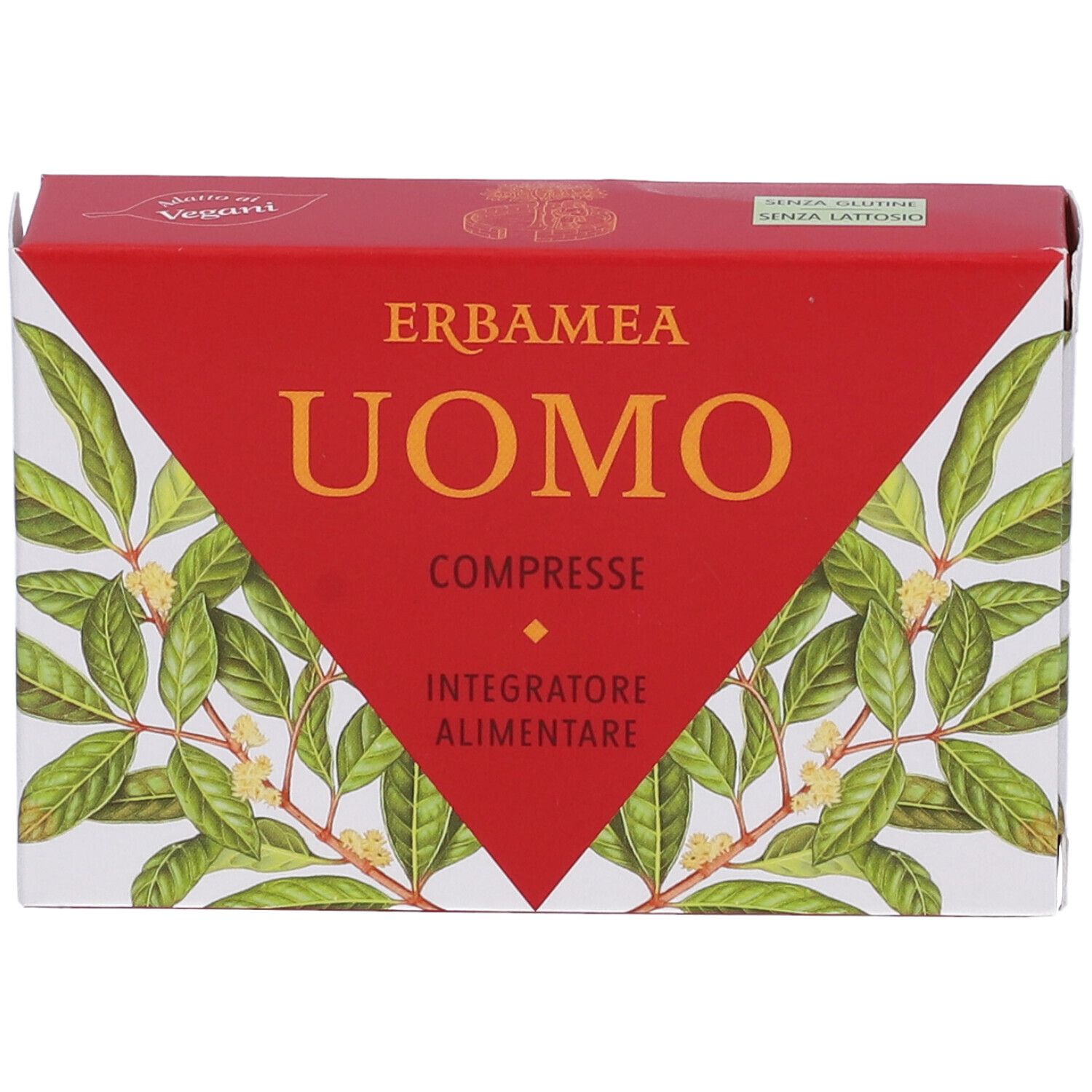 Scatola rossa con "ERBAMEA UOMO COMPRESSE". Illustrazione di foglie verdi e bianche. "Integratore Alimentare" sotto. Senza lattosio.
