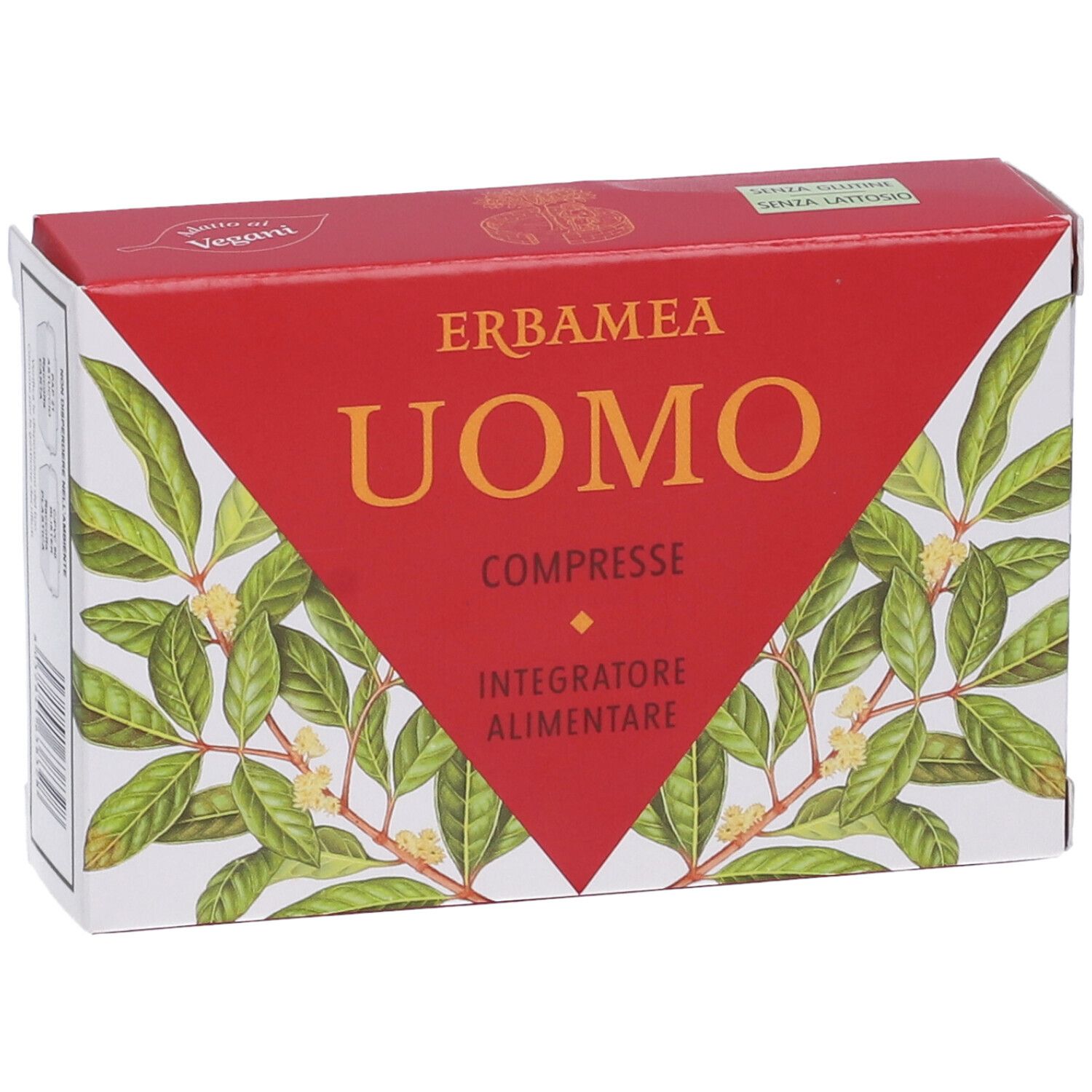 Scatola rossa con "ERBAMEA UOMO COMPRESSE". Illustrazione di foglie verdi e bianche. "Integratore Alimentare" sotto. Senza lattosio.