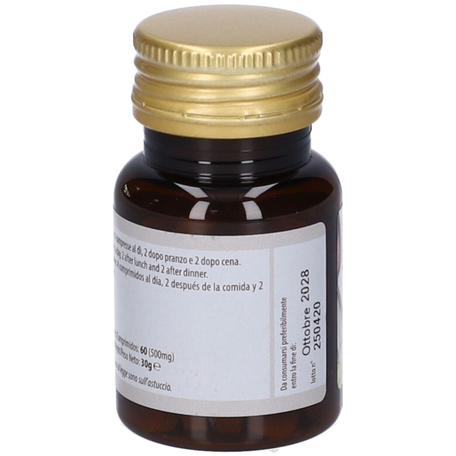 Braune Glasflasche mit goldenem Deckel. Etikett mit Dosierungshinweisen. Aufgedruckt: 60 Tabletten.