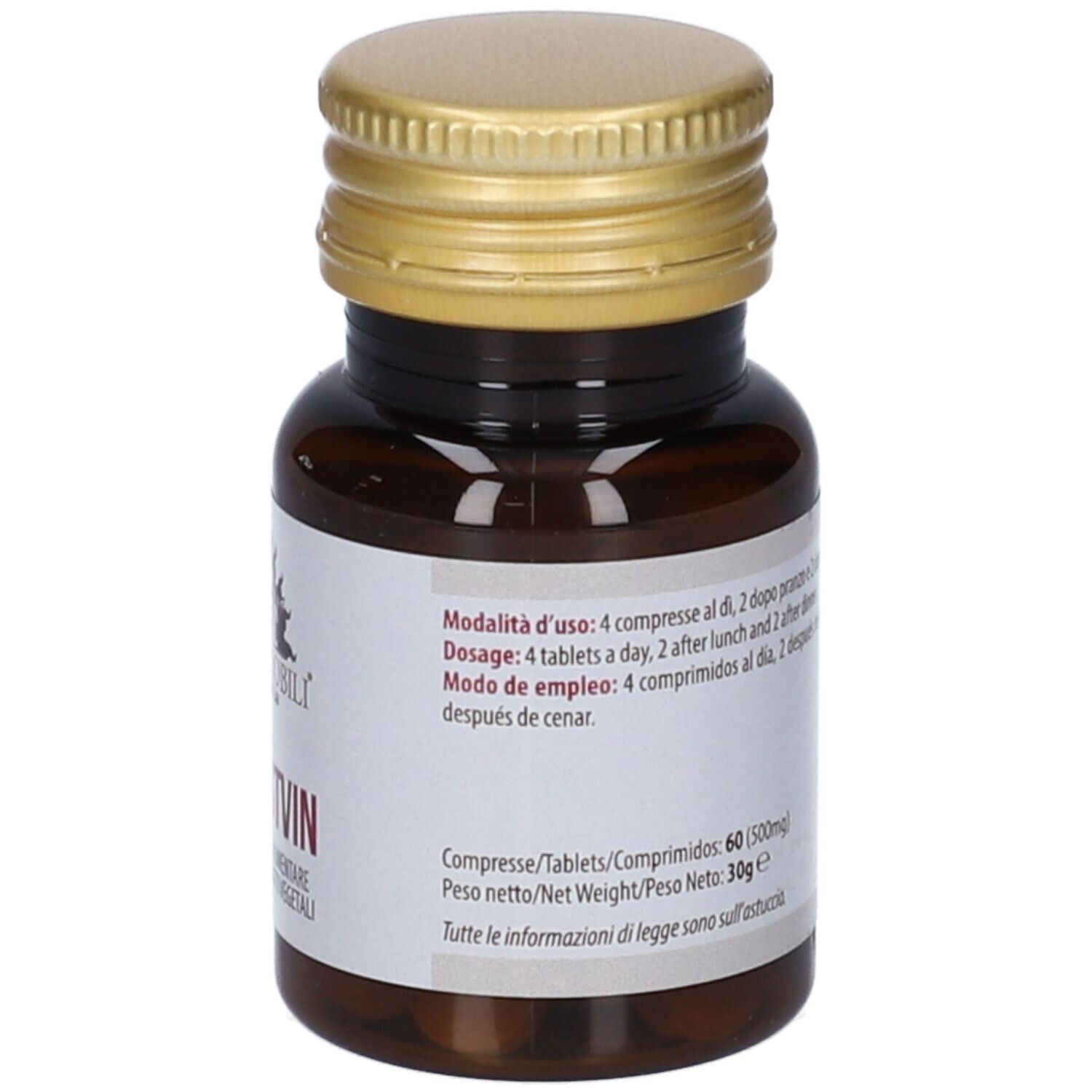 Braune Glasflasche mit goldenem Deckel. Etikett mit Dosierungshinweisen. Aufgedruckt: 4 Tabletten pro Tag.