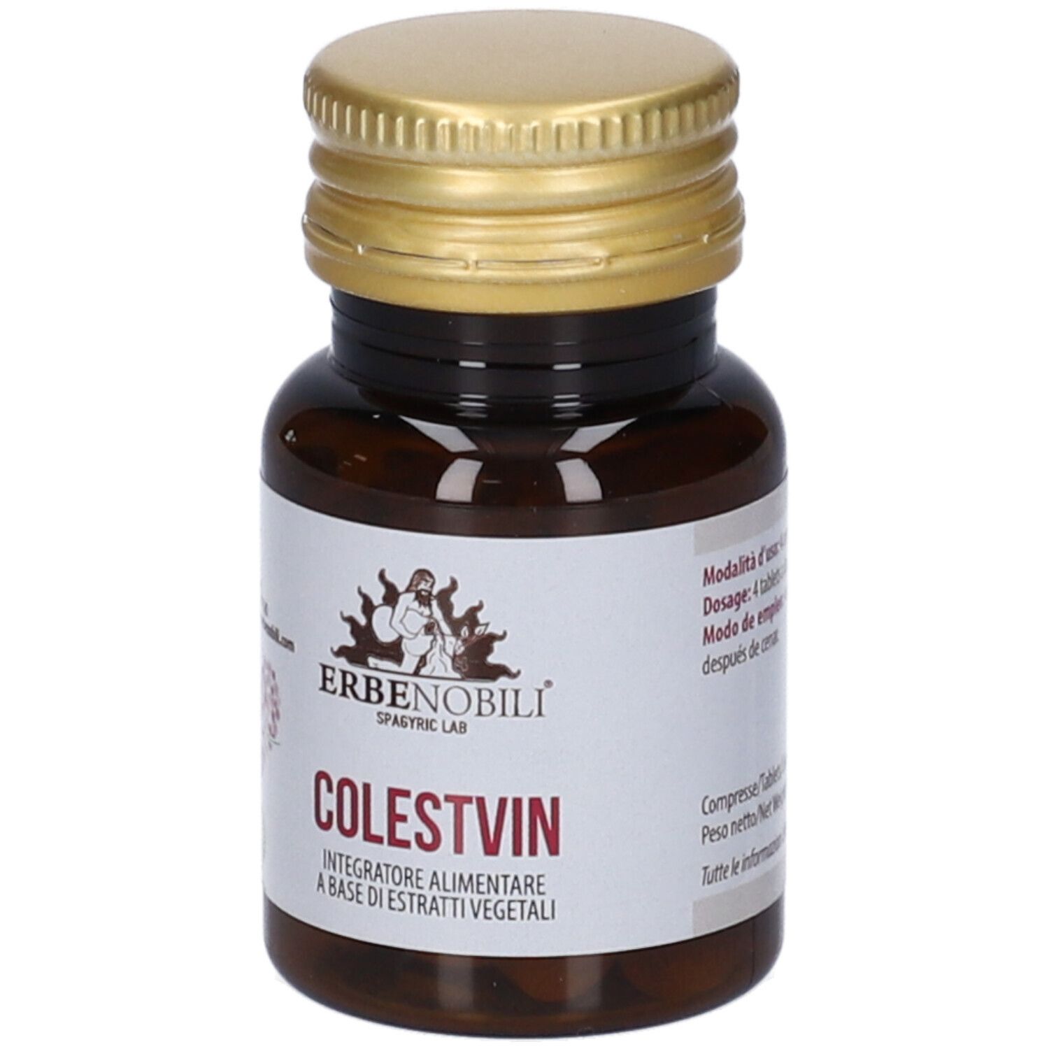 Braune Glasflasche mit goldenem Deckel. Etikett mit Produktnamen COLSTVIN und Logo ERBENOBILI. Kapseln.