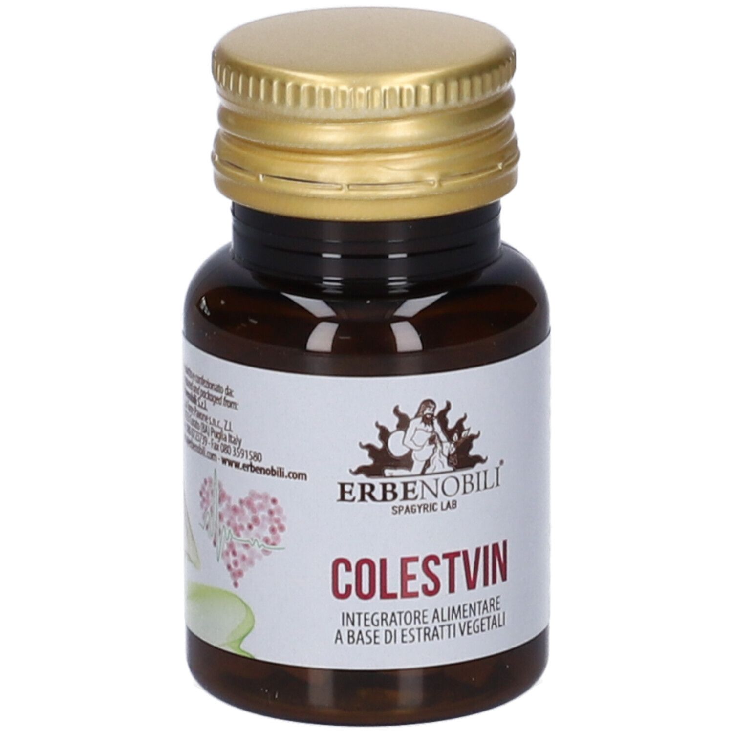 Braune Glasflasche mit goldenem Deckel. Etikett mit Produktnamen COLSTVIN und Logo ERBENOBILI. Kapseln.