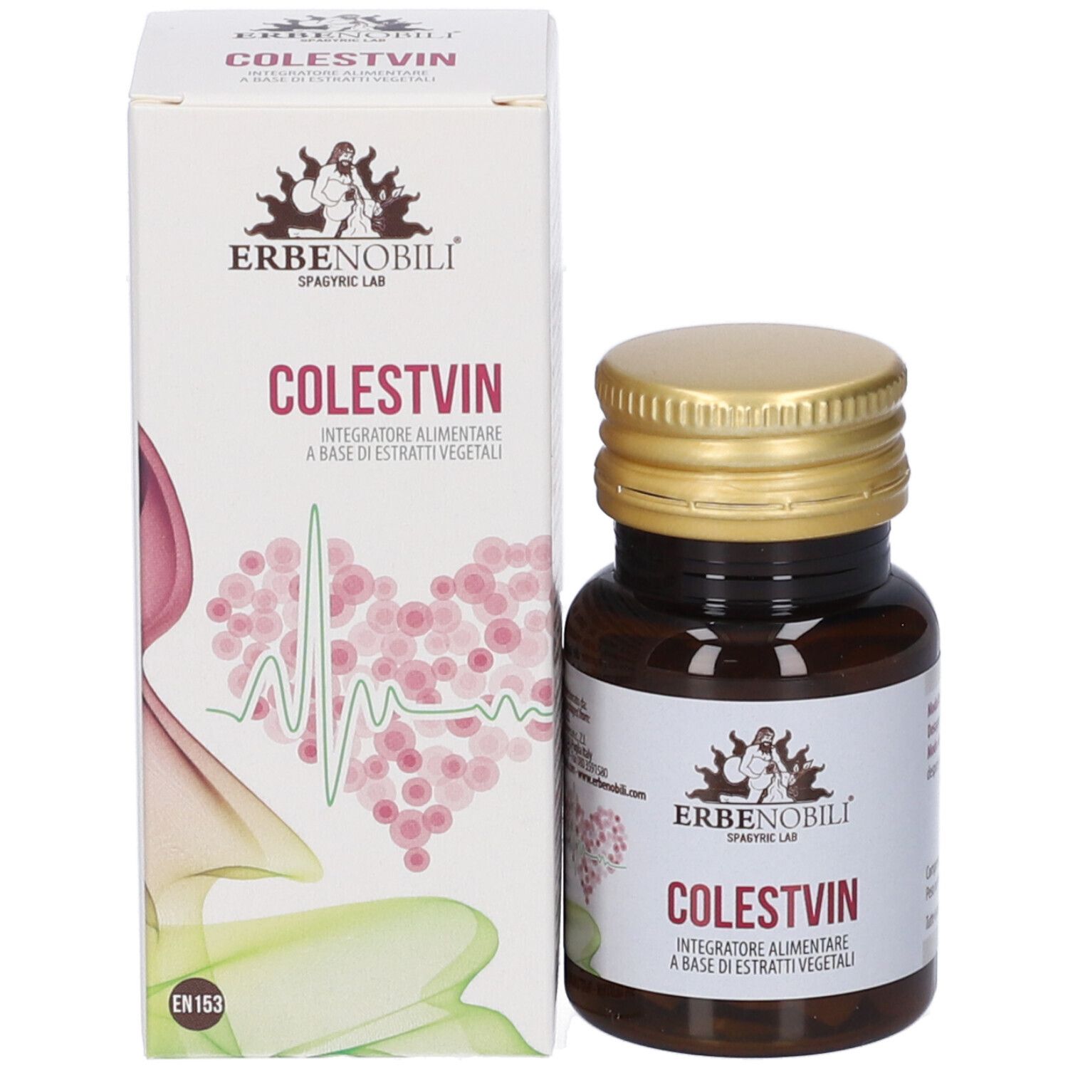 Produktflasche und Schachtel. Schachtel mit Produktnamen COLSTVIN und Logo ERBENOBILI. Herz-Grafik.