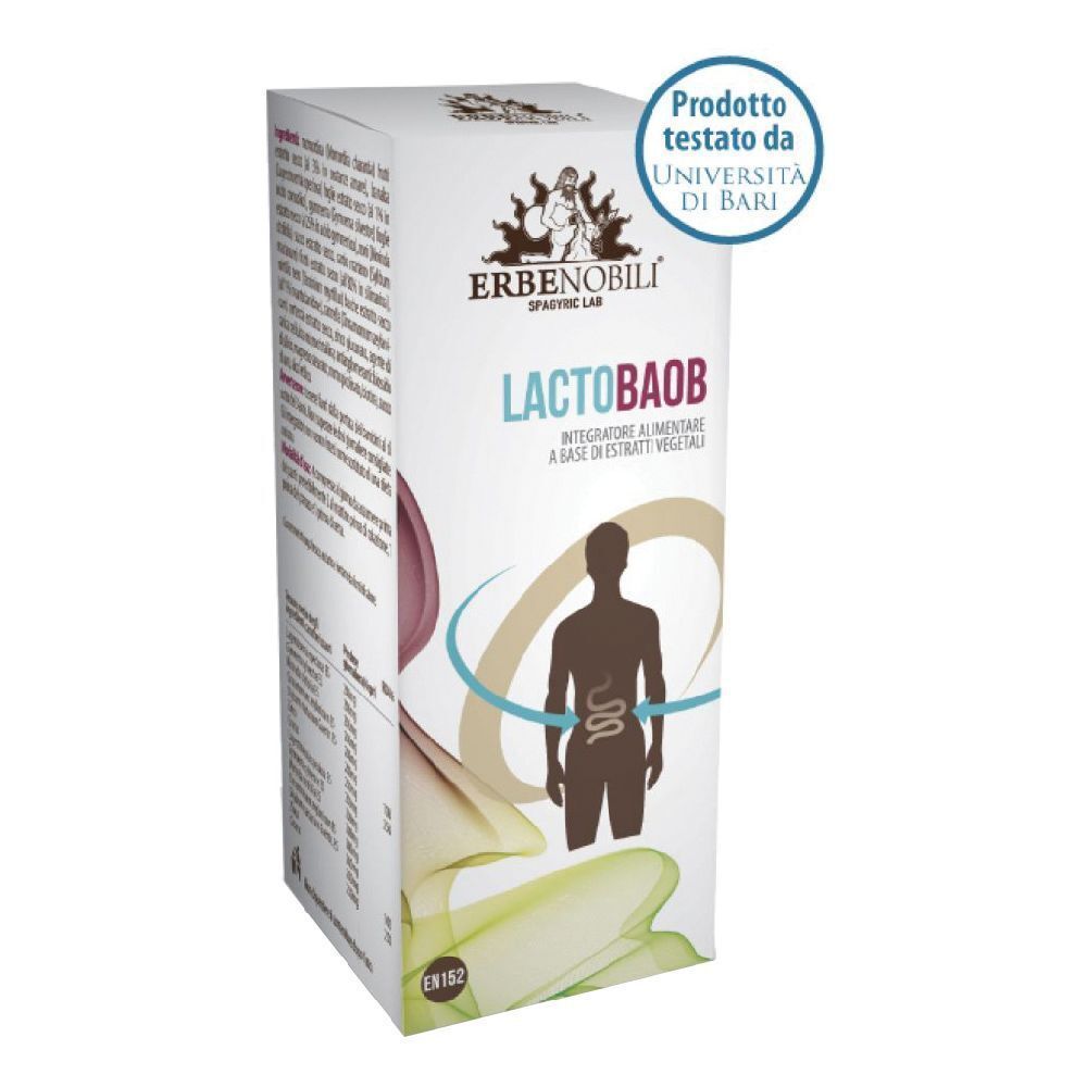 Scatola con stampa del prodotto. Scritta: Lactobaob. Logo: Erbenobili. Con certificazione Università di Bari.