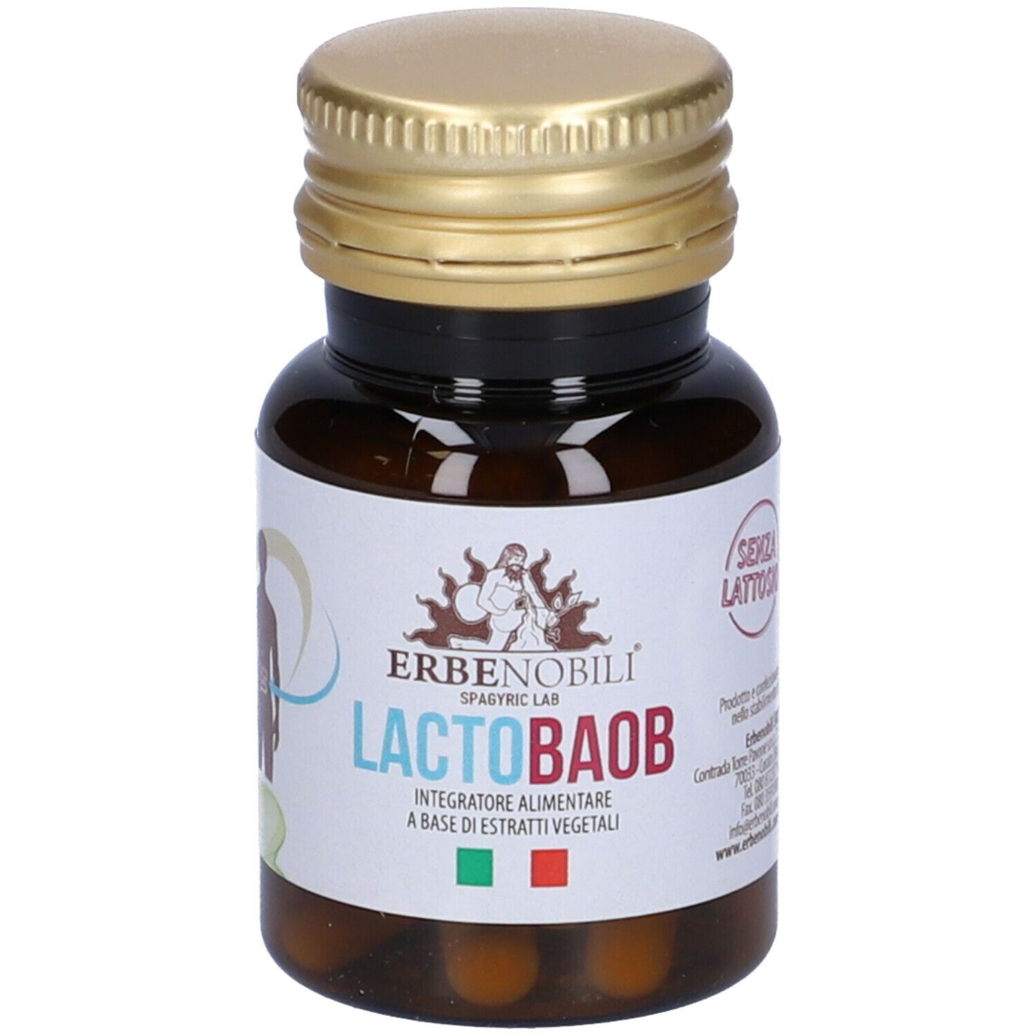 Flacone di vetro marrone con tappo dorato. Scritta: Lactobaob. Logo: Erbenobili. Con adesivo: senza lattosio.