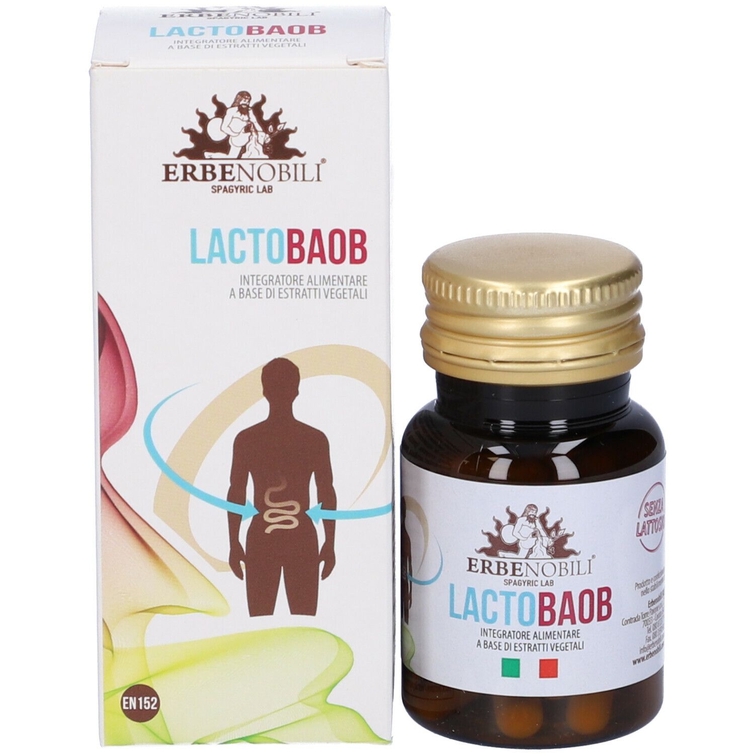 Confezione del prodotto e flacone. Scritta: Lactobaob. Logo: Erbenobili. Con adesivo: senza lattosio.