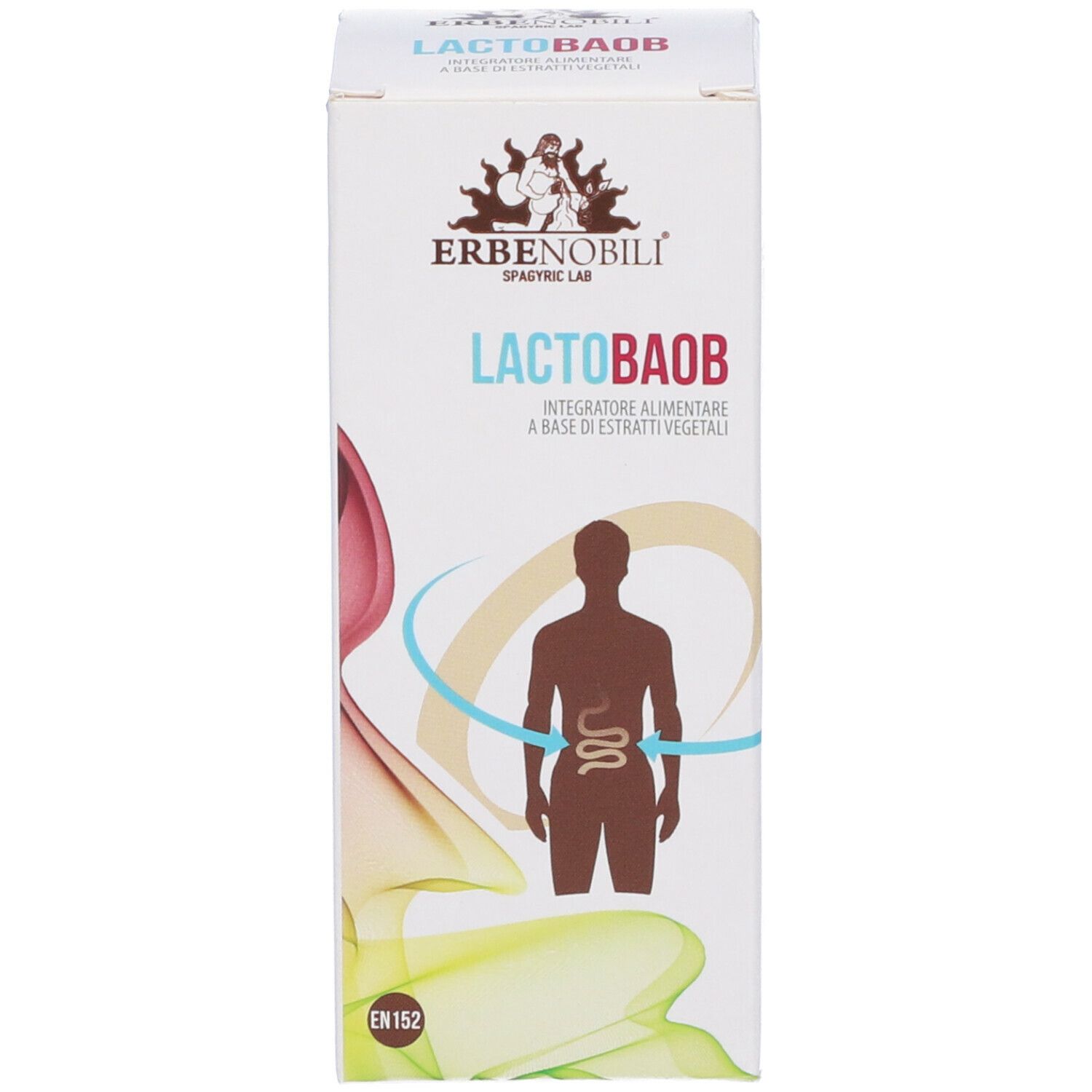Confezione del prodotto. Scritta: Lactobaob. Logo: Erbenobili. Con illustrazione del corpo umano.