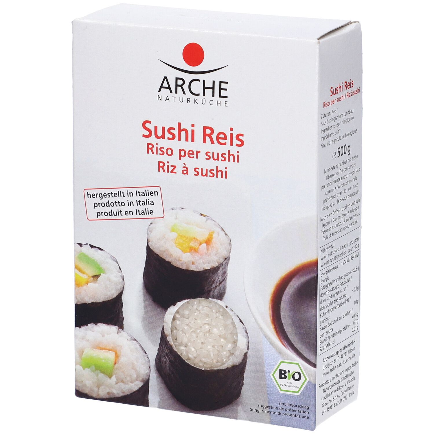 Confezione di riso per sushi, rotoli di sushi e salsa di soia. Scritta: Arche Naturküche, Sushi Reis, 500g.
