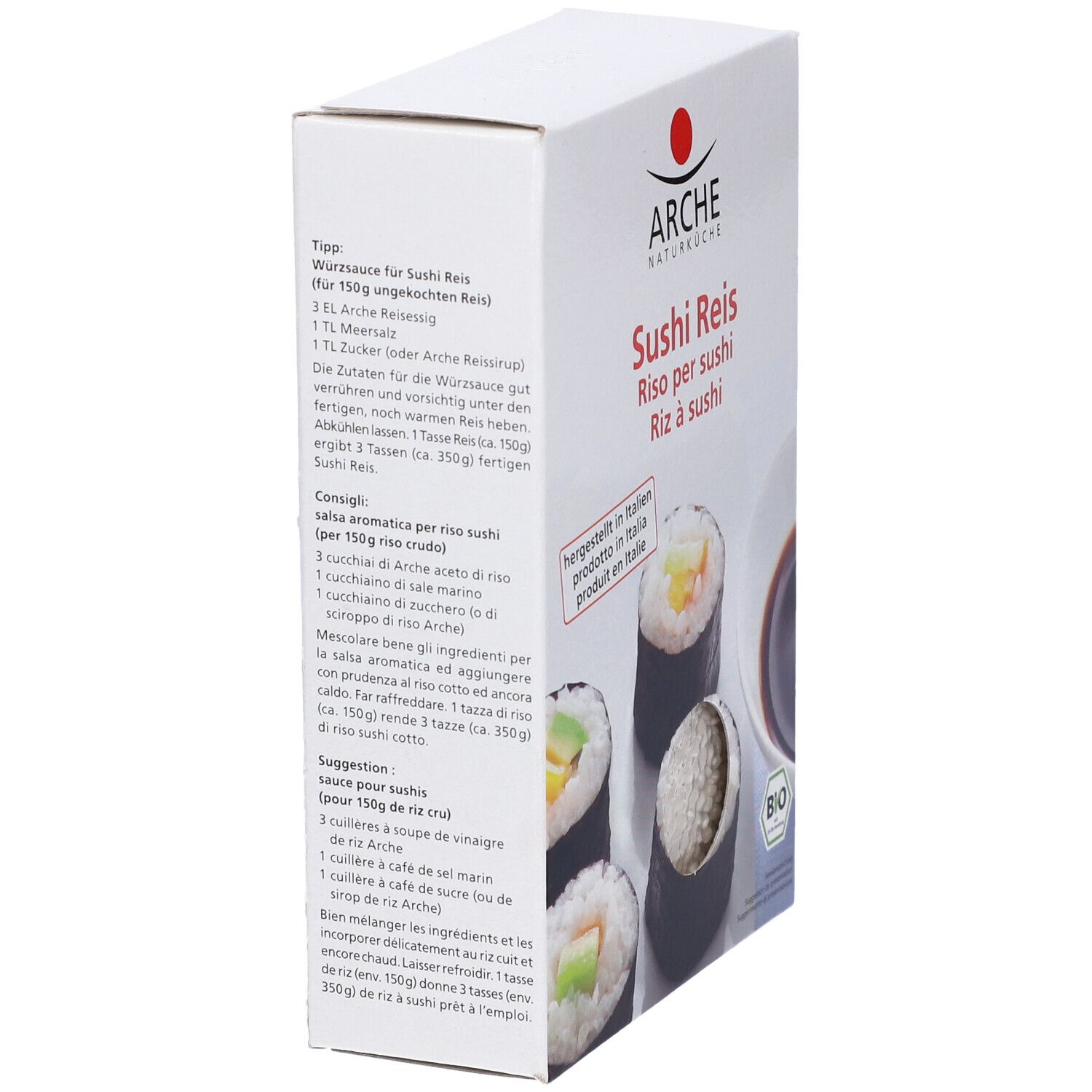 Confezione di riso per sushi, rotoli di sushi e salsa di soia. Scritta: Arche Naturküche, Sushi Reis, ingredienti, 500g.