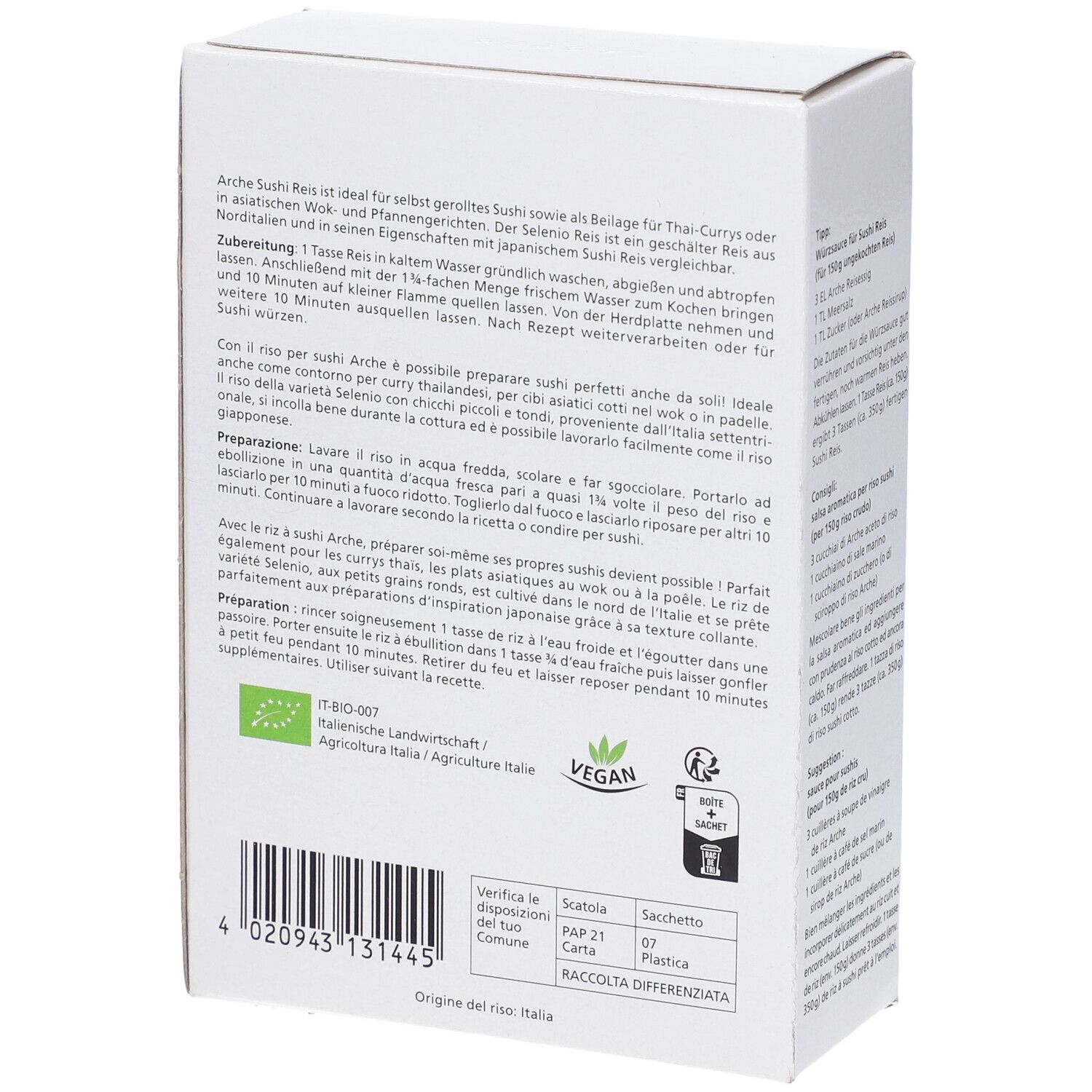 Confezione di riso per sushi, rotoli di sushi e salsa di soia. Scritta: Arche Naturküche, Sushi Reis, preparazione, 500g.