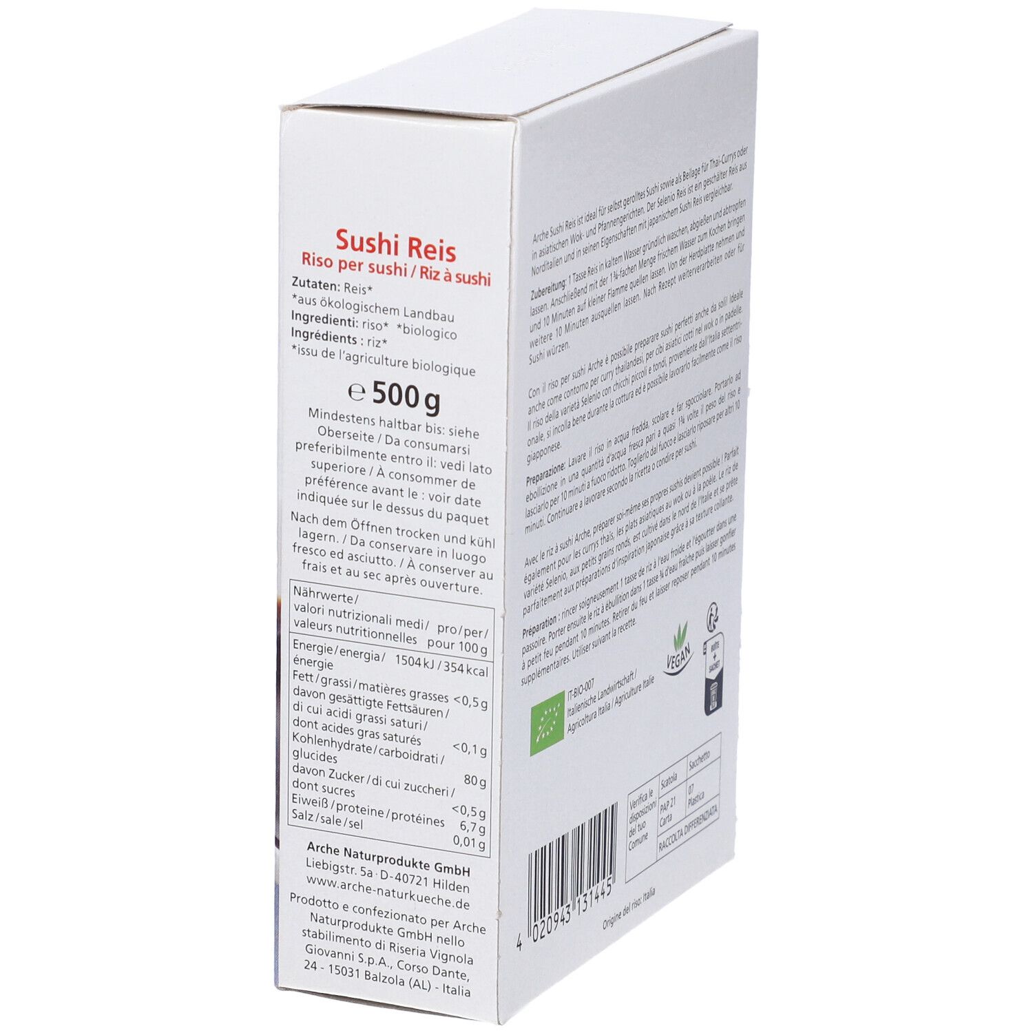 Confezione di riso per sushi, rotoli di sushi e salsa di soia. Scritta: Arche Naturküche, Sushi Reis, valori nutrizionali, 500g.