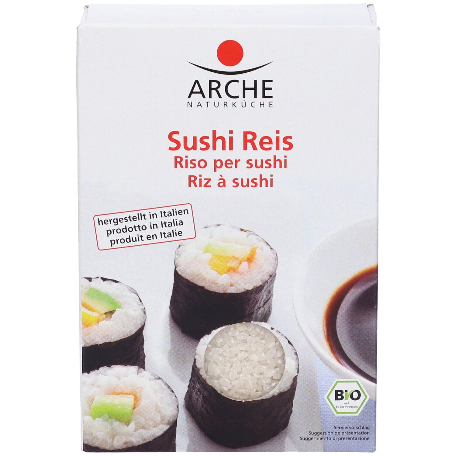Confezione di riso per sushi, rotoli di sushi e salsa di soia. Scritta: Arche Naturküche, Sushi Reis, 500g.