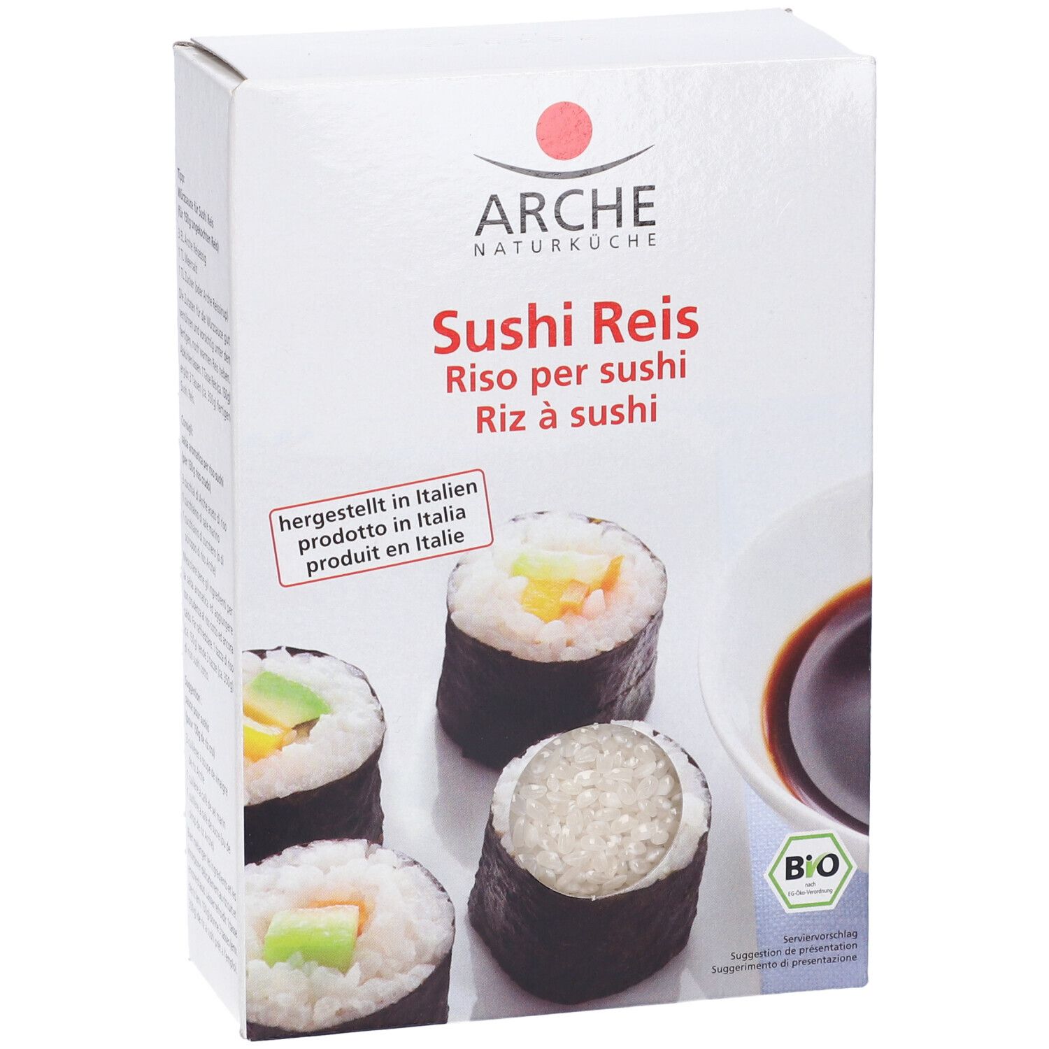 Confezione di riso per sushi, rotoli di sushi e salsa di soia. Scritta: Arche Naturküche, Sushi Reis, 500g.