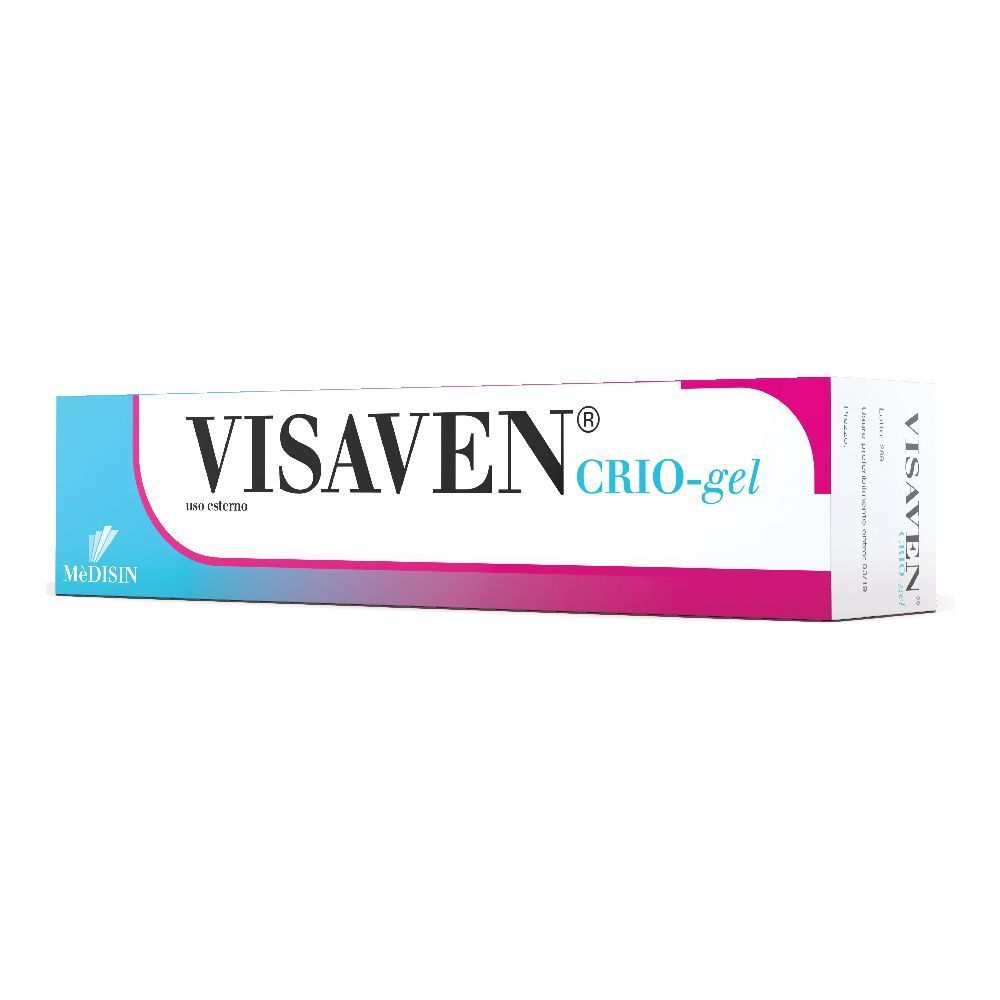 Emballage VISAVEN Crio-gel. Blanc, bleu et rose. Nom du produit et logo visibles.