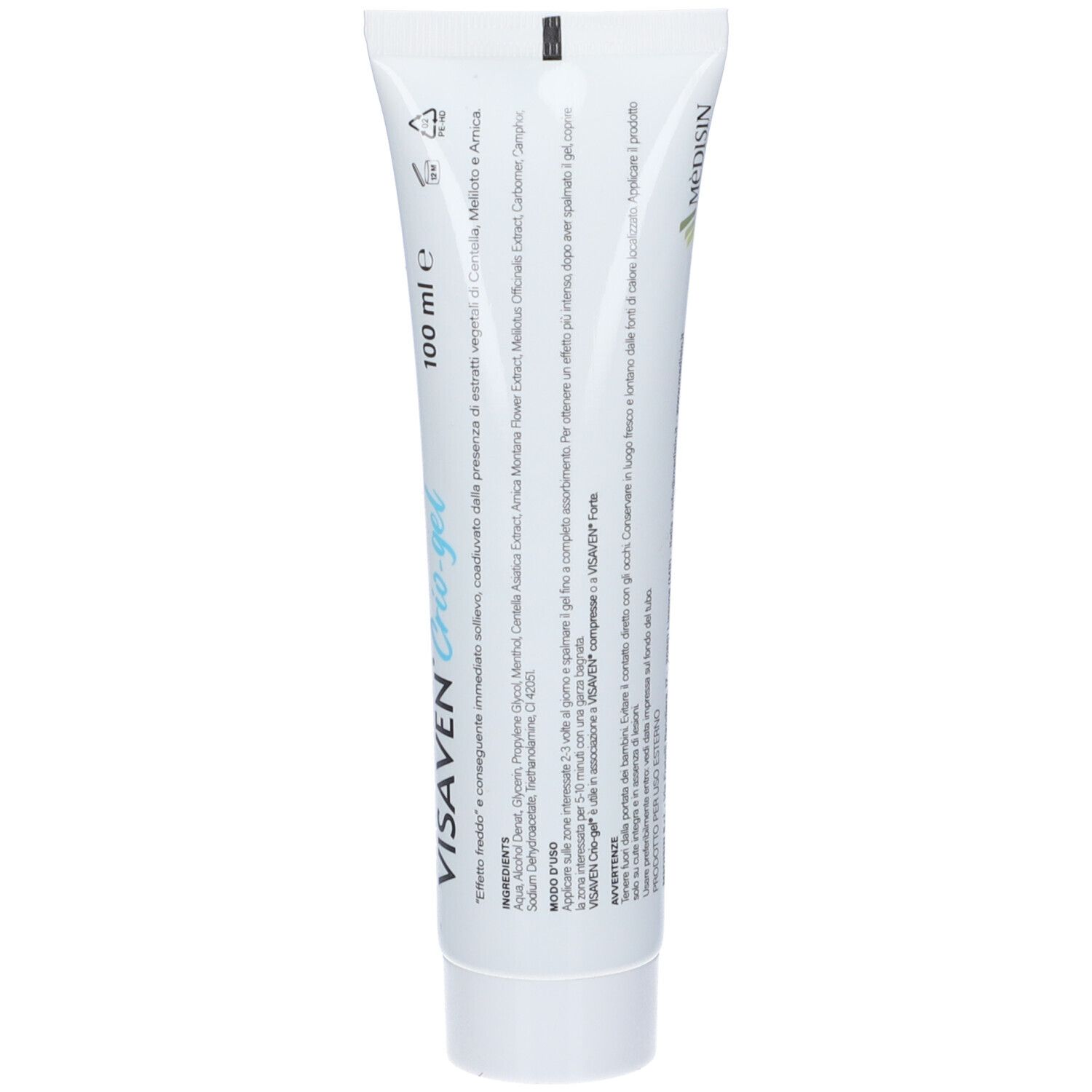 Dos du tube VISAVEN Crio-gel. Texte et ingrédients sur fond blanc.