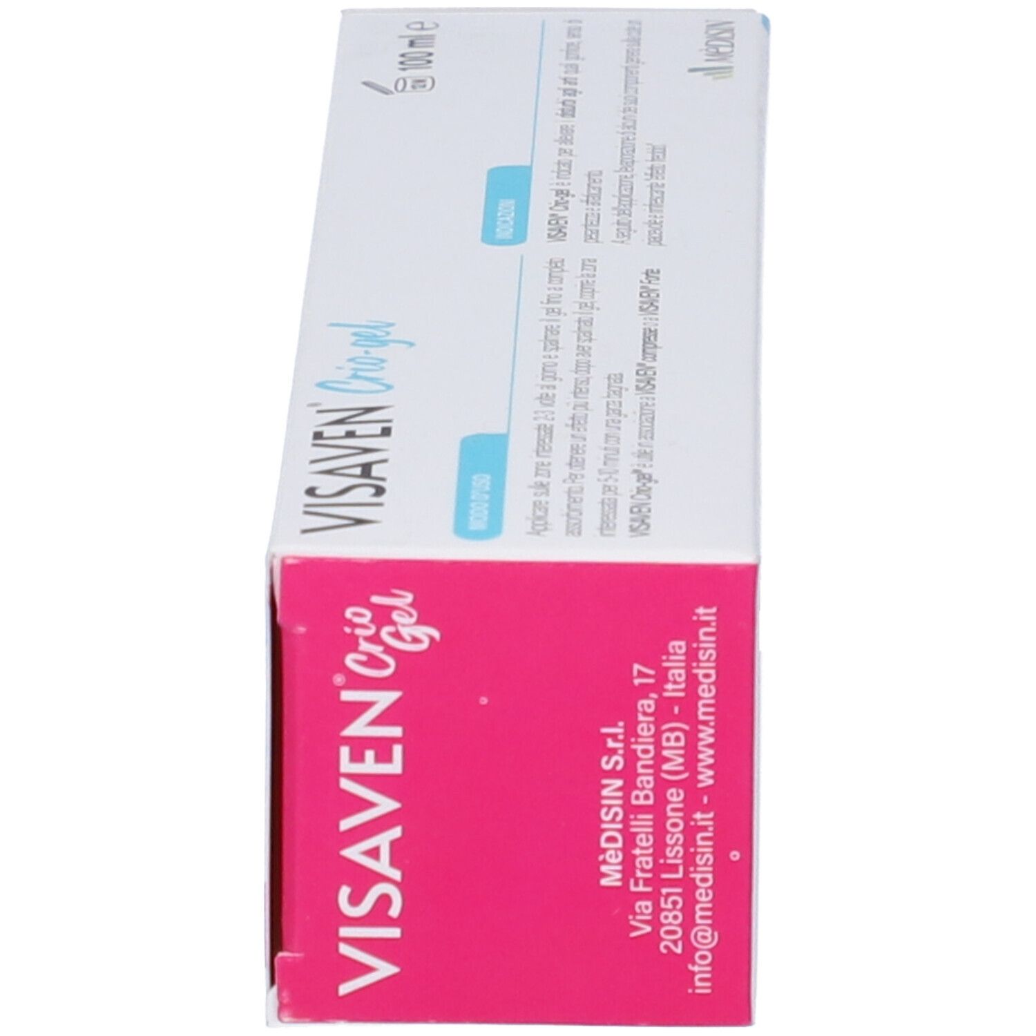 Côté de l'emballage VISAVEN Crio-gel. Rose avec texte blanc. Nom du produit visible.