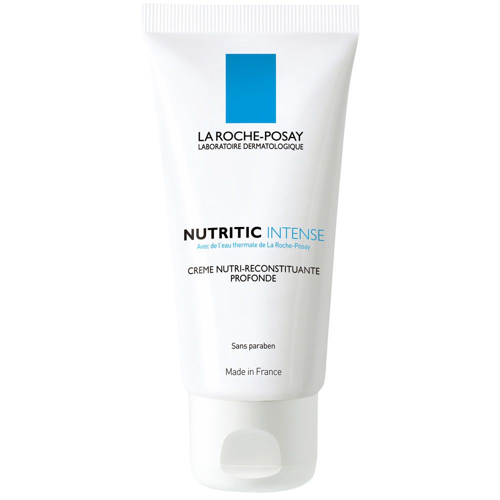 Tubo bianco con logo blu. Scritta: La Roche-Posay, Nutritic Intense, crema. Prodotto in Francia.
