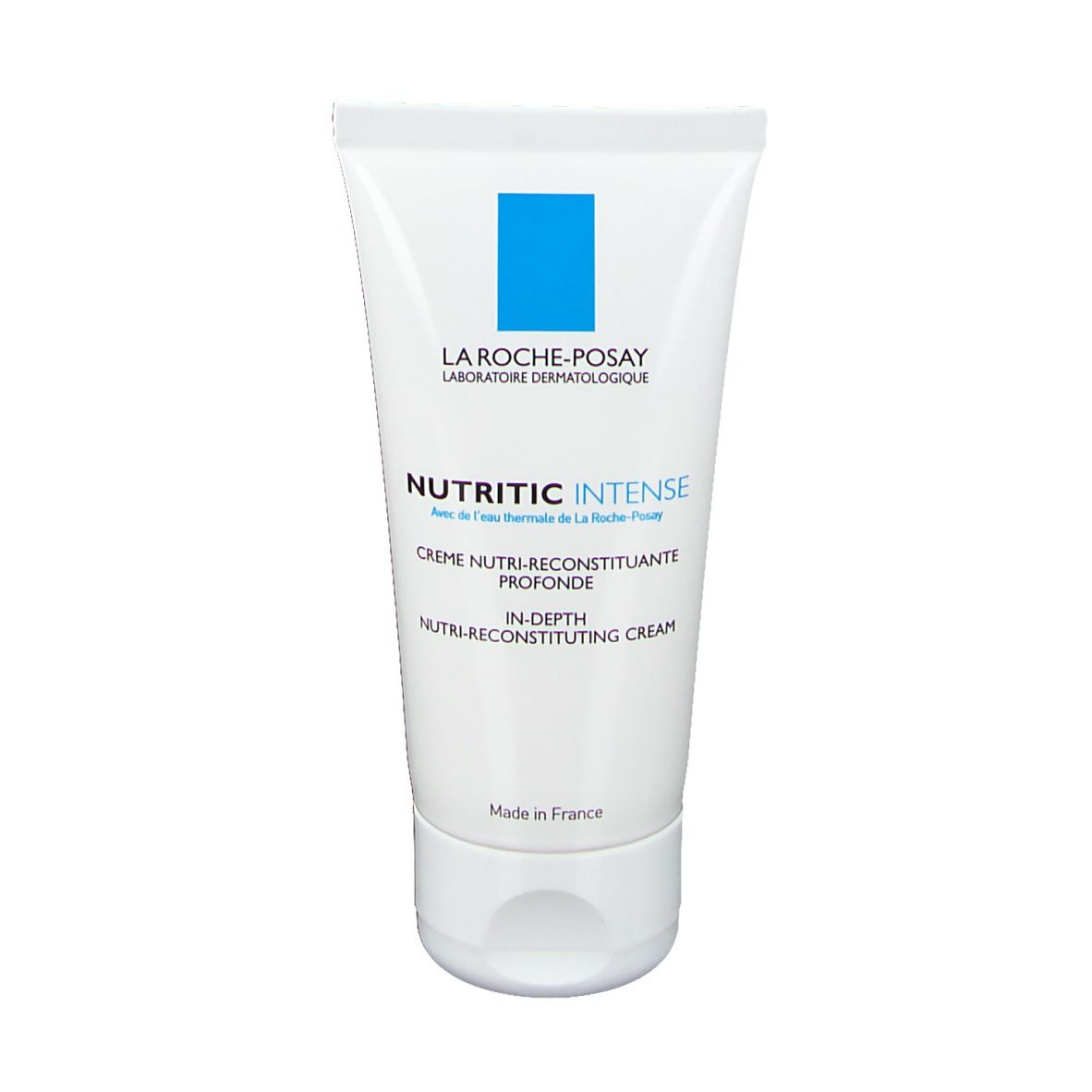 Tubo bianco con logo blu. Scritta: La Roche-Posay, Nutritic Intense, crema. Prodotto in Francia.