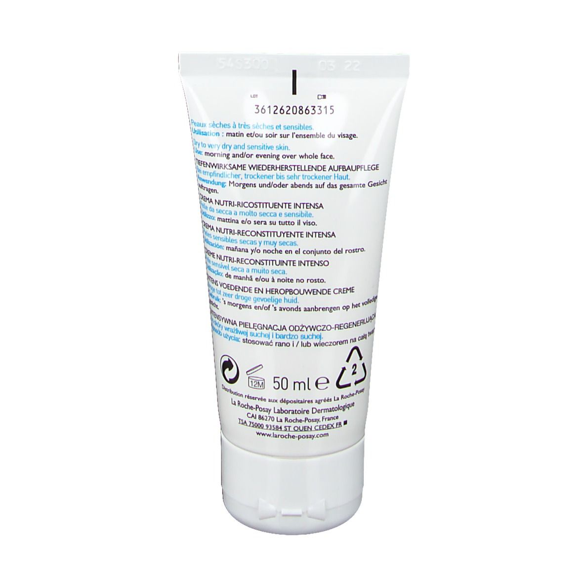 Retro del tubo. Testo multilingue. 50 ml. Informazioni del produttore.