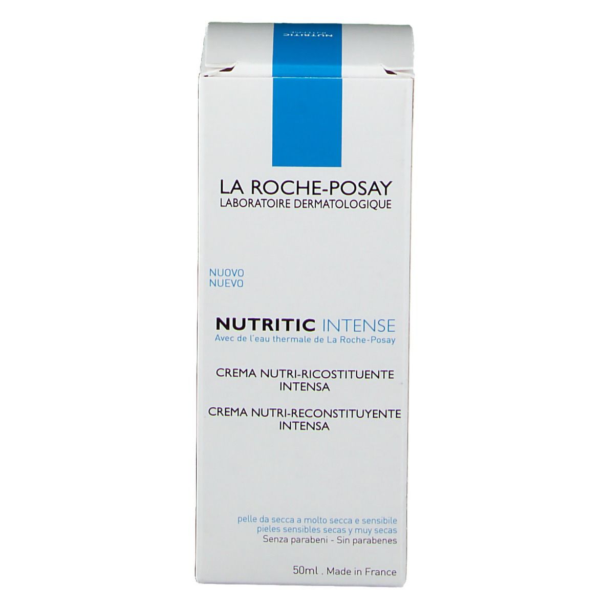 Scatola bianca con logo blu. Scritta: La Roche-Posay, Nutritic Intense. 50ml. Prodotto in Francia.