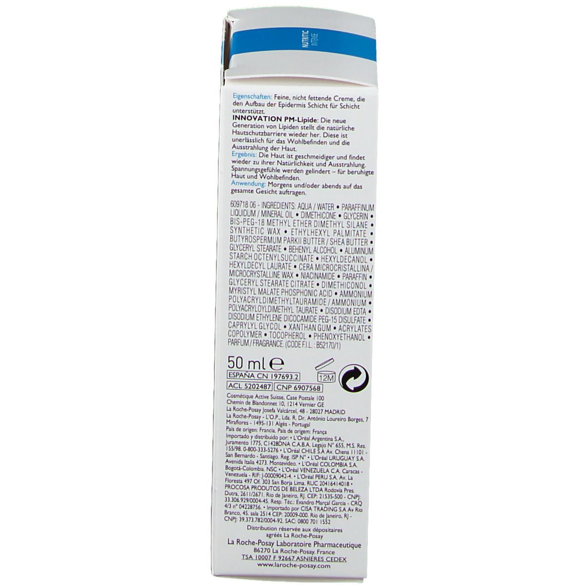 Retro della scatola. Ingredienti e informazioni del produttore. 50 ml.