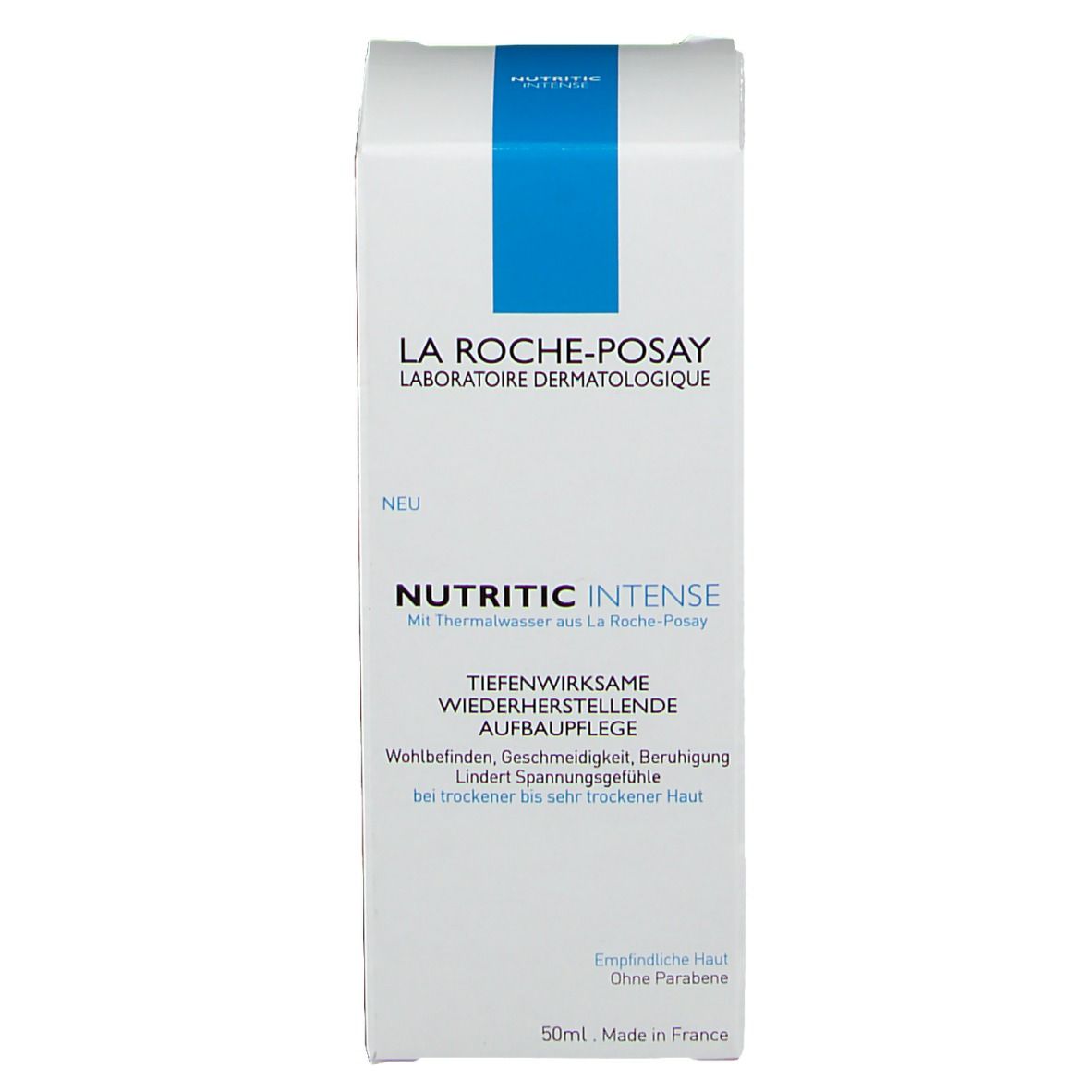Scatola bianca con logo blu. Scritta: La Roche-Posay, Nutritic Intense. 50ml. Prodotto in Francia.
